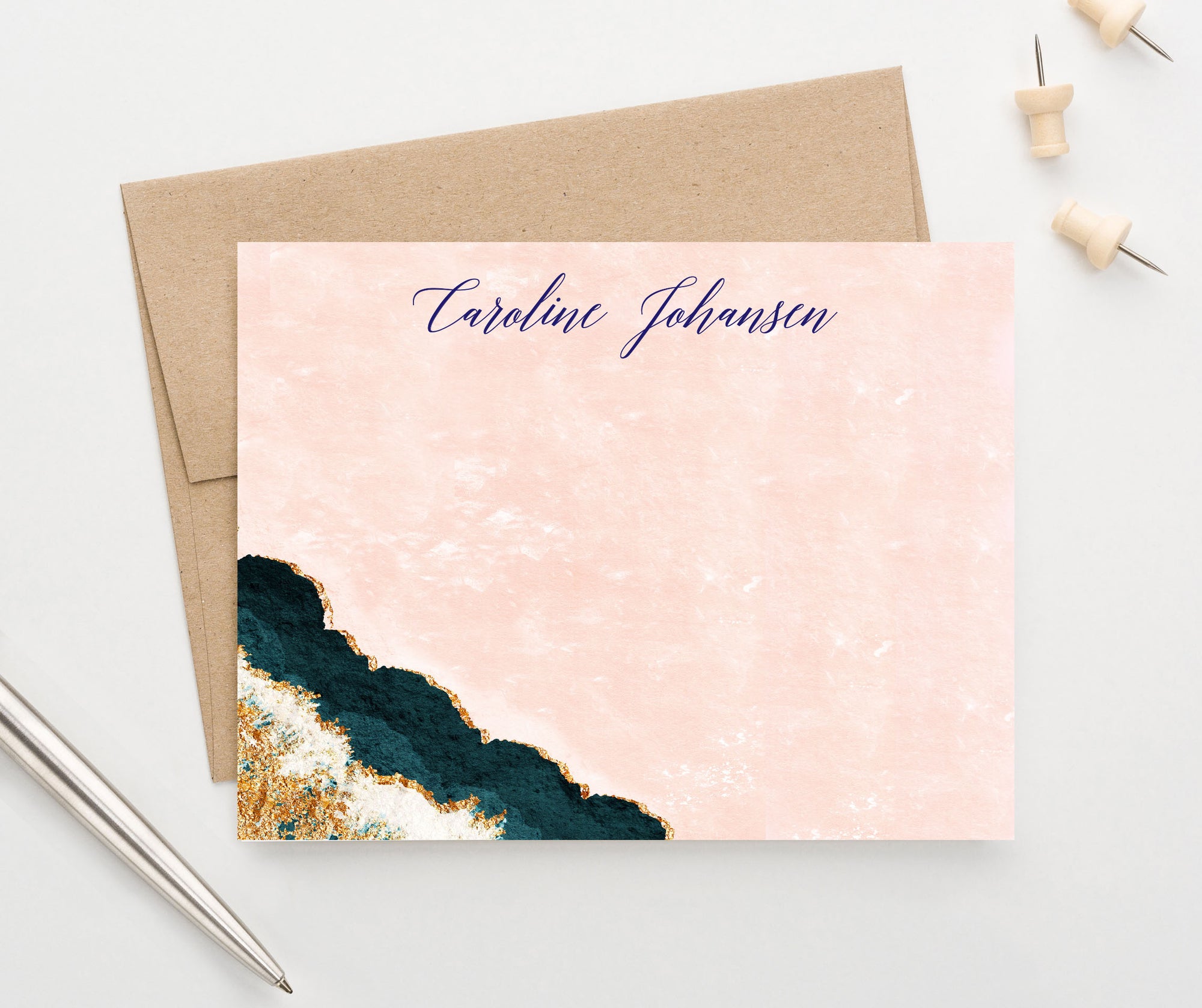 PS149 Personalized blue agate bottom corner flat stationary watercolor pink