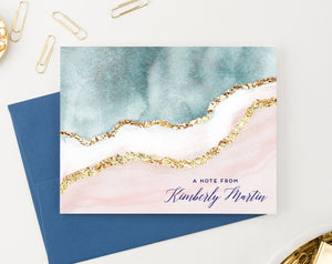 PS151 Elegant Blue and Gold Personalized Folded Note Cards pink a note from 2