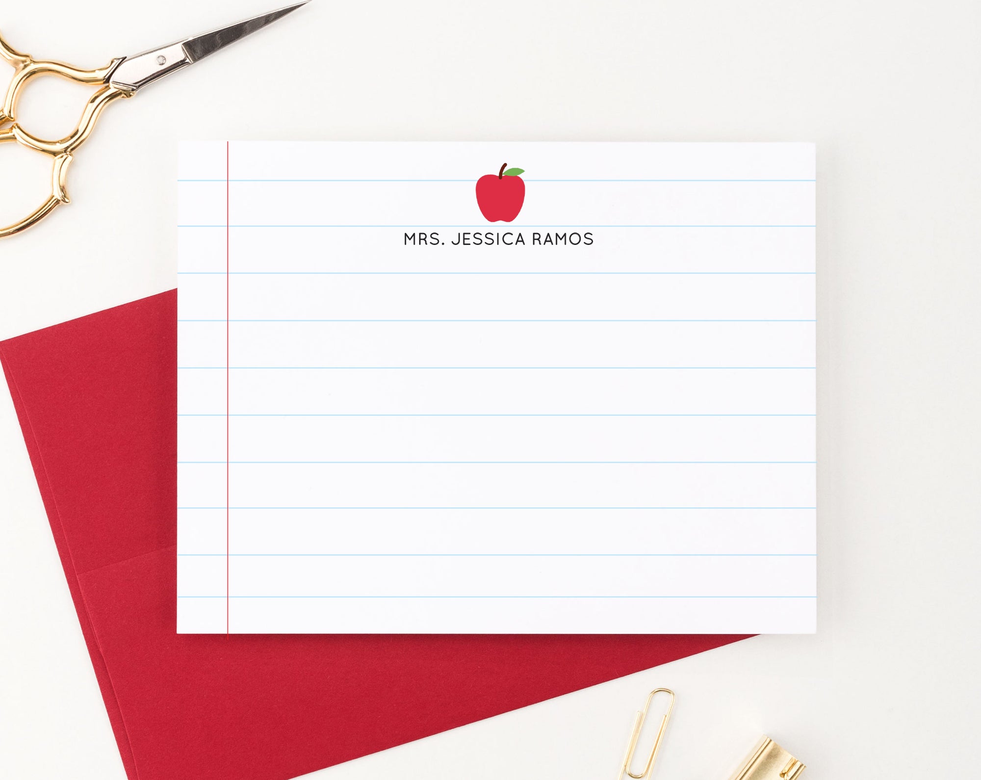 PS19 Personalized Apple Stationery with Lines stationary notecards teachers lined