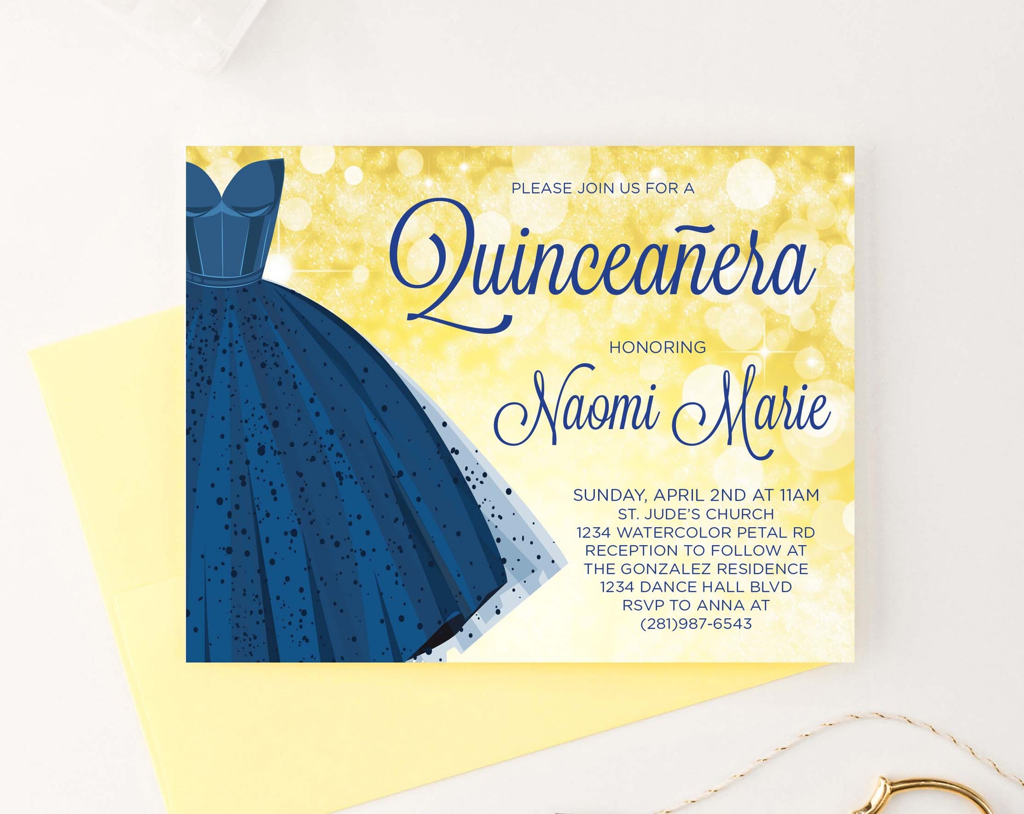 QI002 personalized quinceanera invite with blue dress gold elegant 2