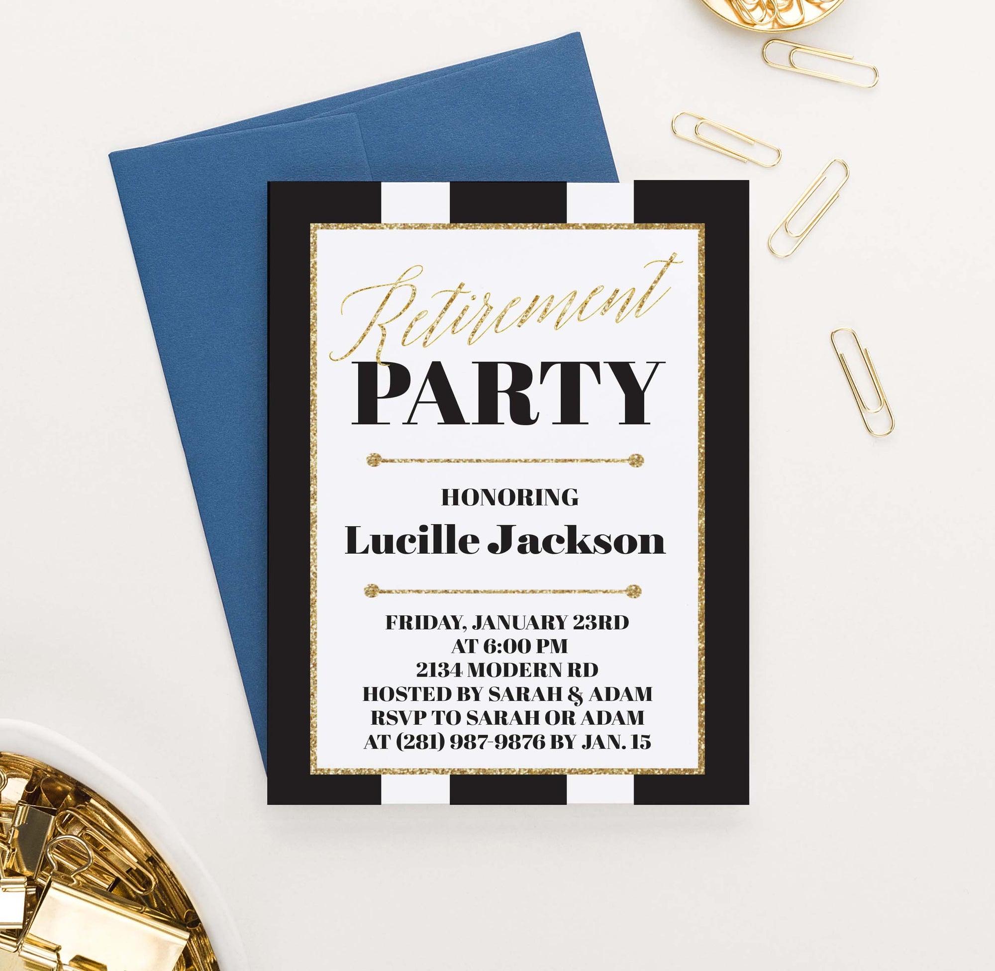 RPI001 black and gold personalized retirement party invitation elegant