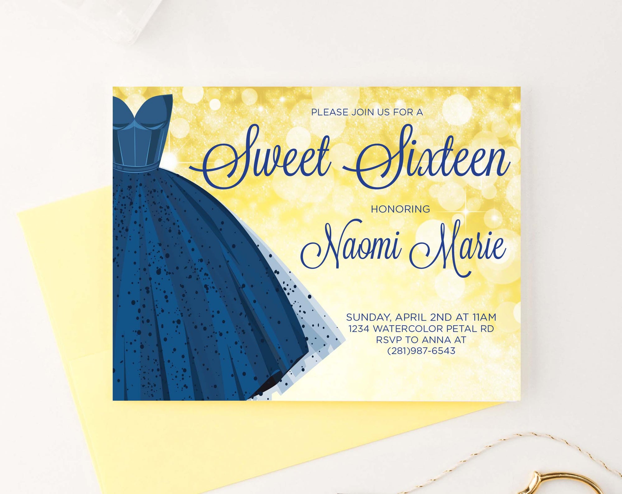 SSI003 Elegant blue dress sweet sixteen party invites personalized gold horizontal2