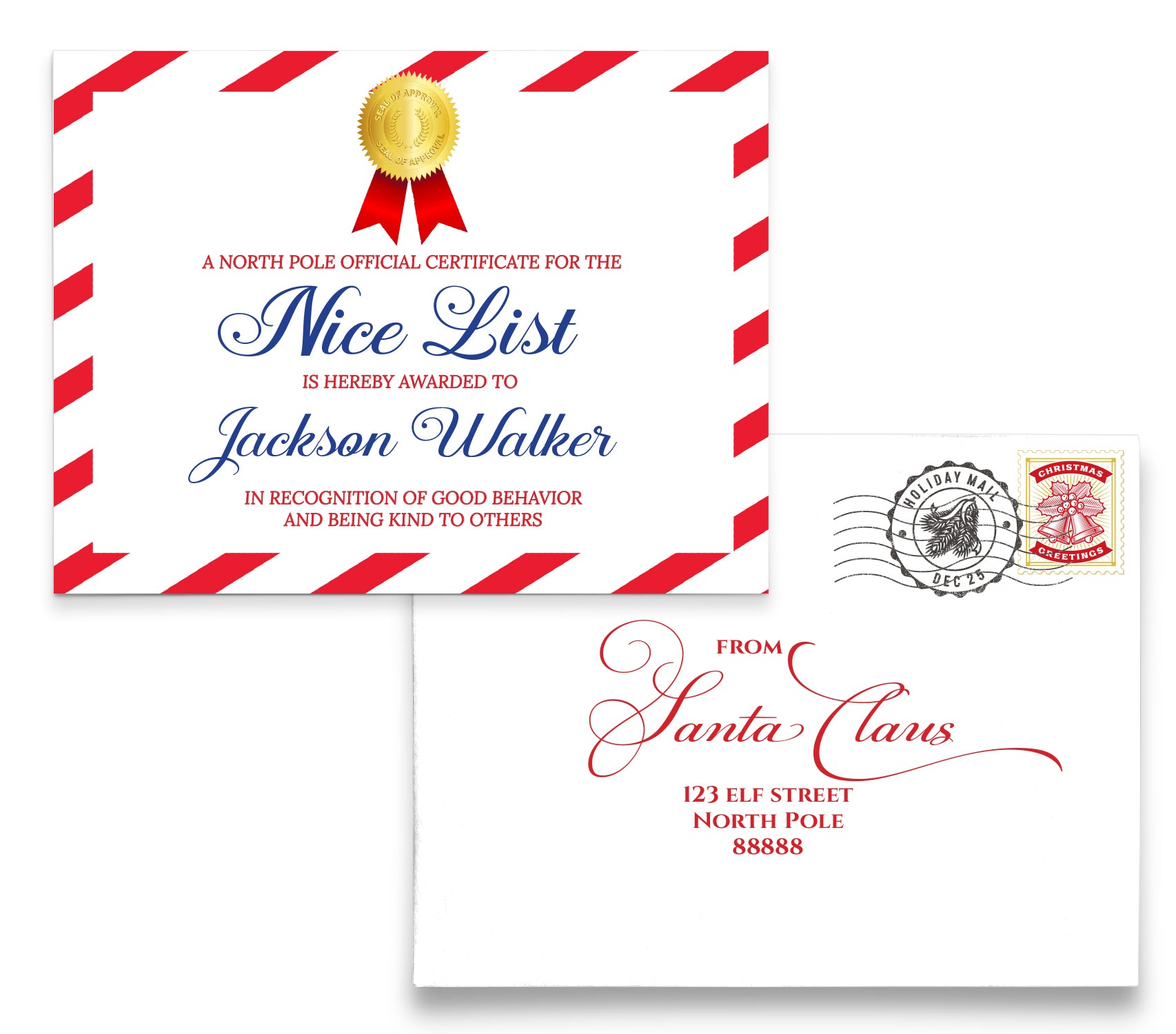 cs003 Personalized Nice List Certificate from  Santa  Claus north pole christmas kids
