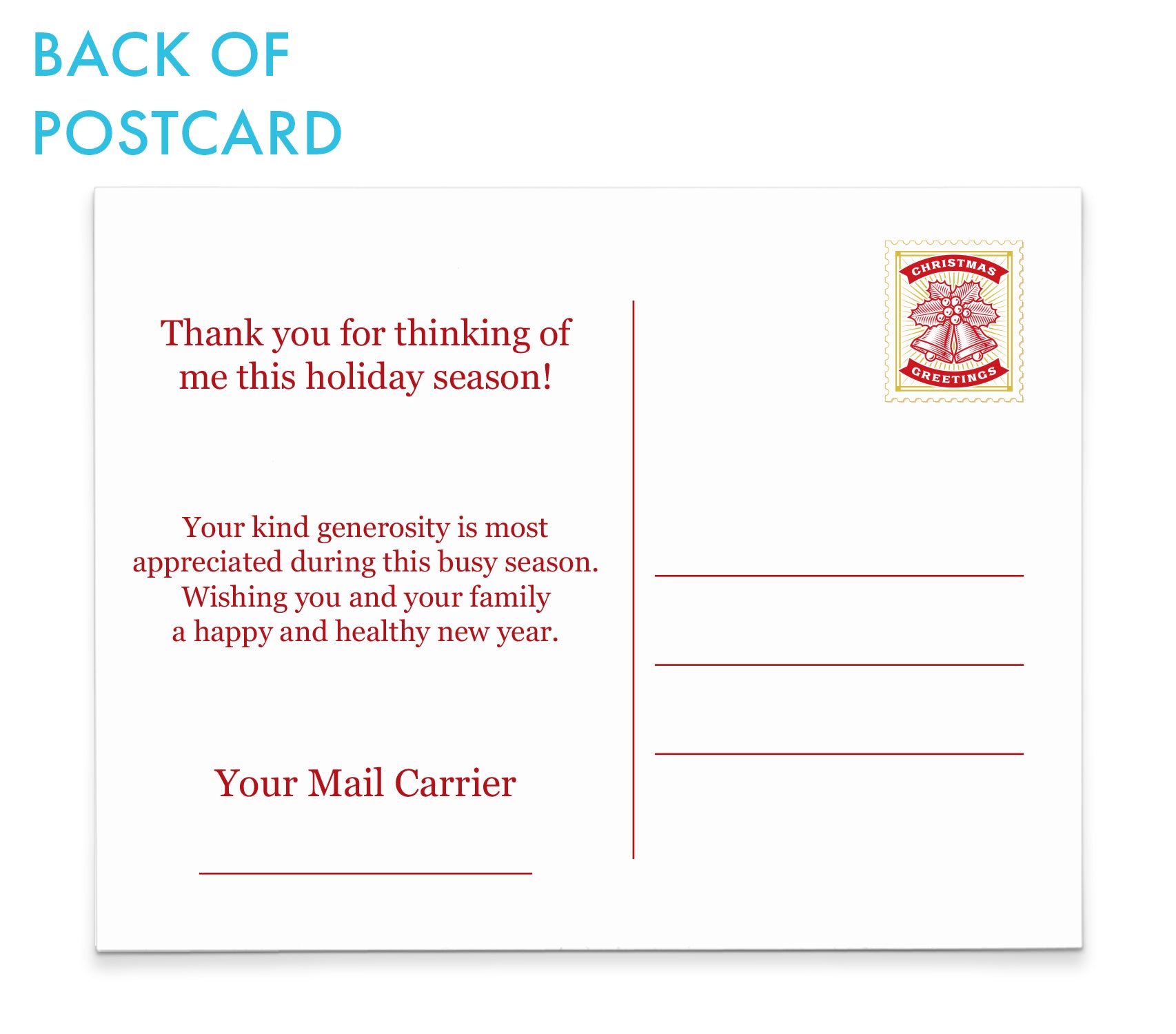    HGC011 Happy Holiday Postcards for Mail Carrier with Holiday Mail christmas tree drop box presents gifts usps