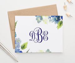 ms063 Elegant Blue Greenery Monogram Note Cards for Women classic floral green