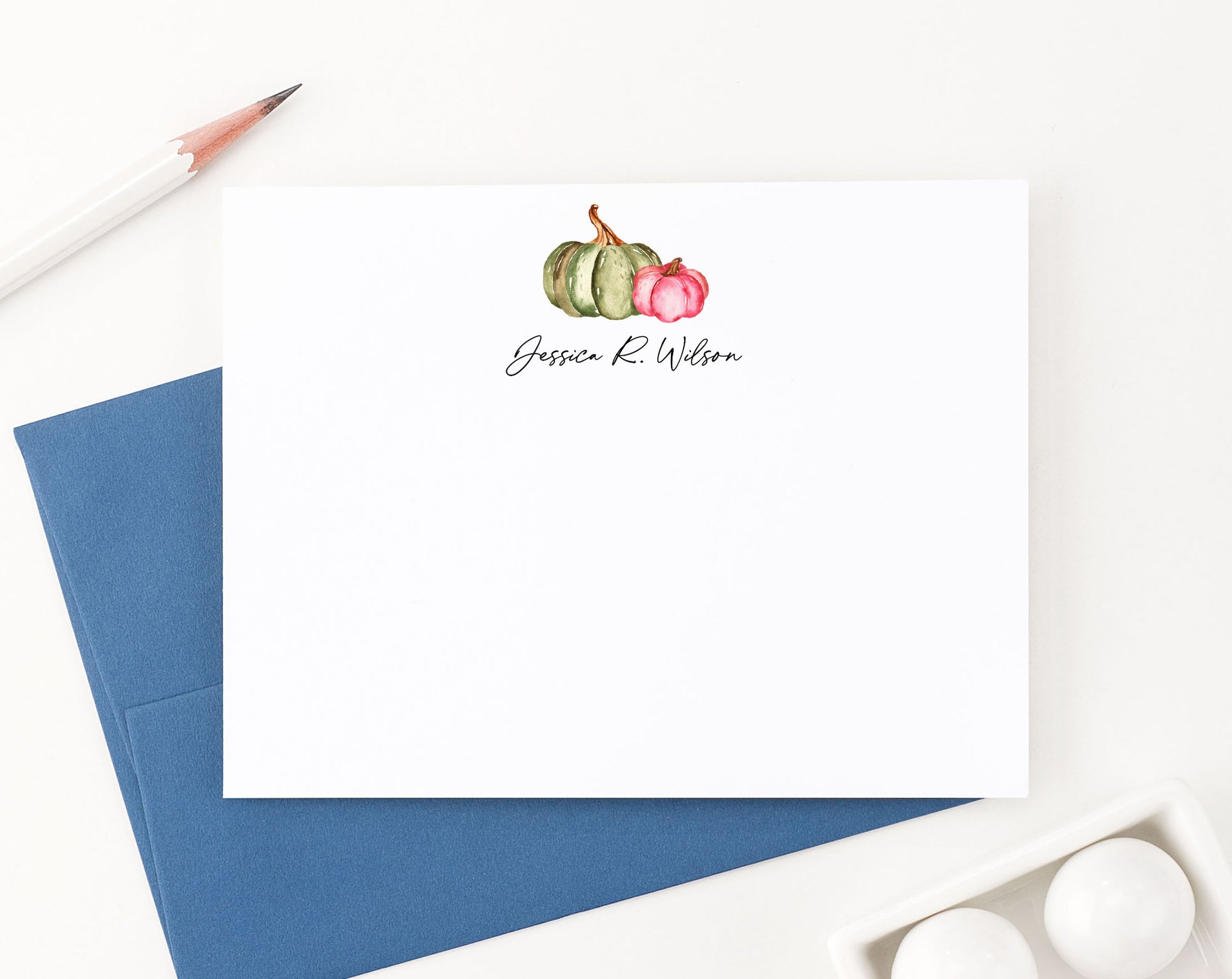 ps170 cute green and pink pimpkin fall note cards personalized harvest autumn women script