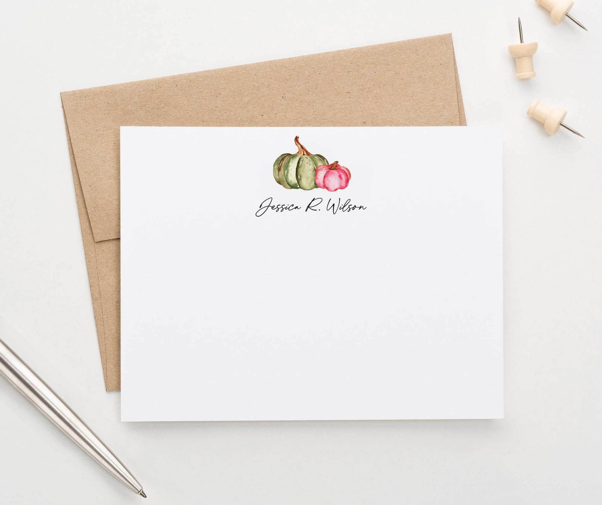 ps170 cute green and pink pimpkin fall note cards personalized harvest autumn women script