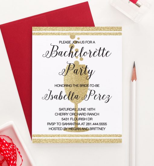 Gold Glitter Champagne Bachelorette Invitations Personalized
