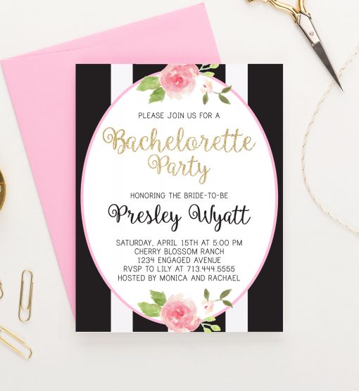 Custom Black And Gold Bachelorette Party Invitations With Pink Florals
