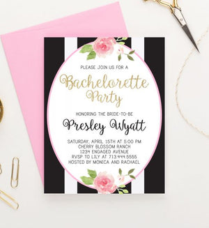 Custom Black And Gold Bachelorette Party Invitations With Pink Florals
