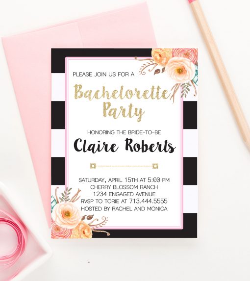 Custom Black And Gold Bachelorette Party Invitations With Orange Florals
