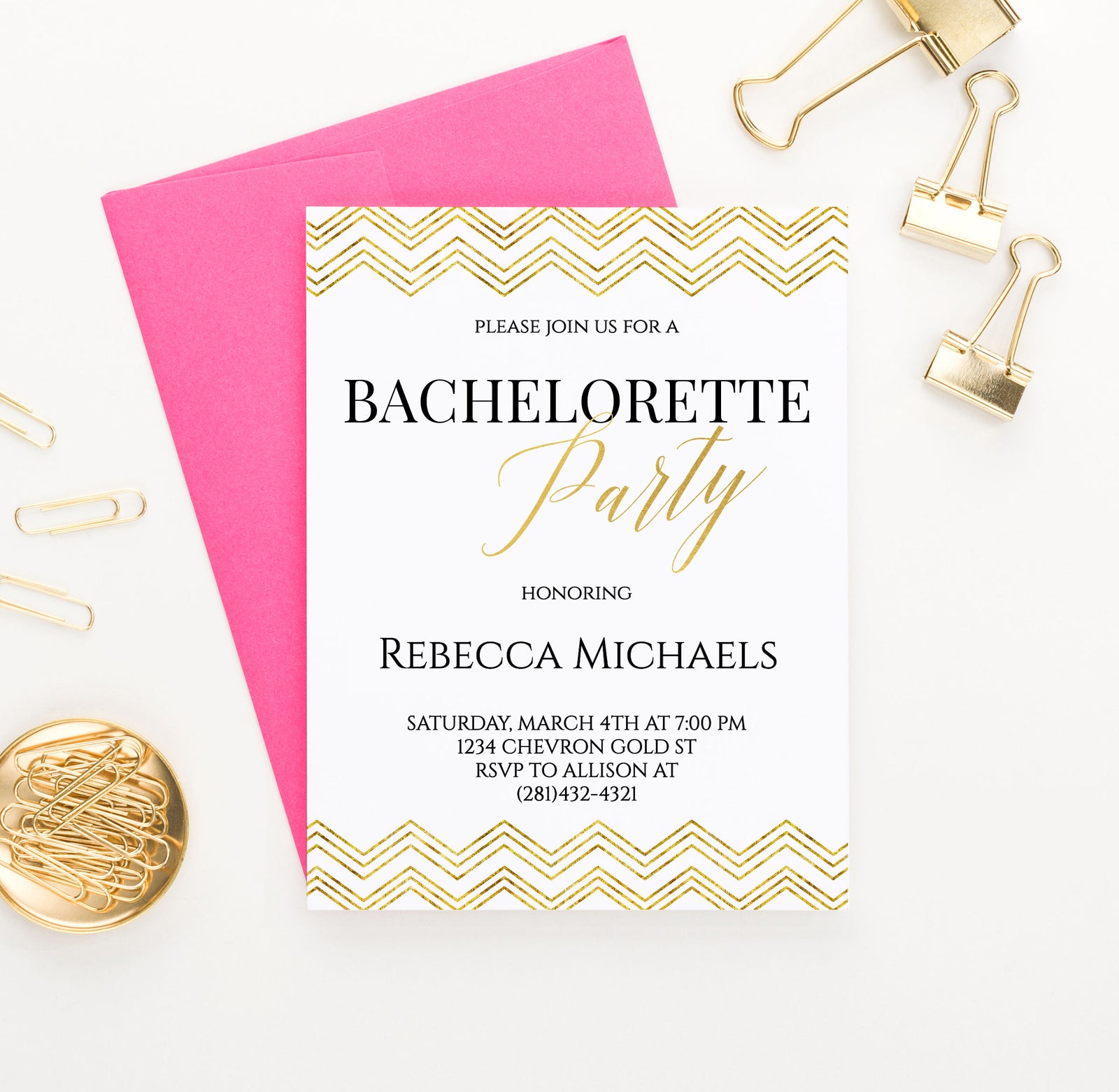 Gold Chevron Bachelorette Party Invitations Customized
