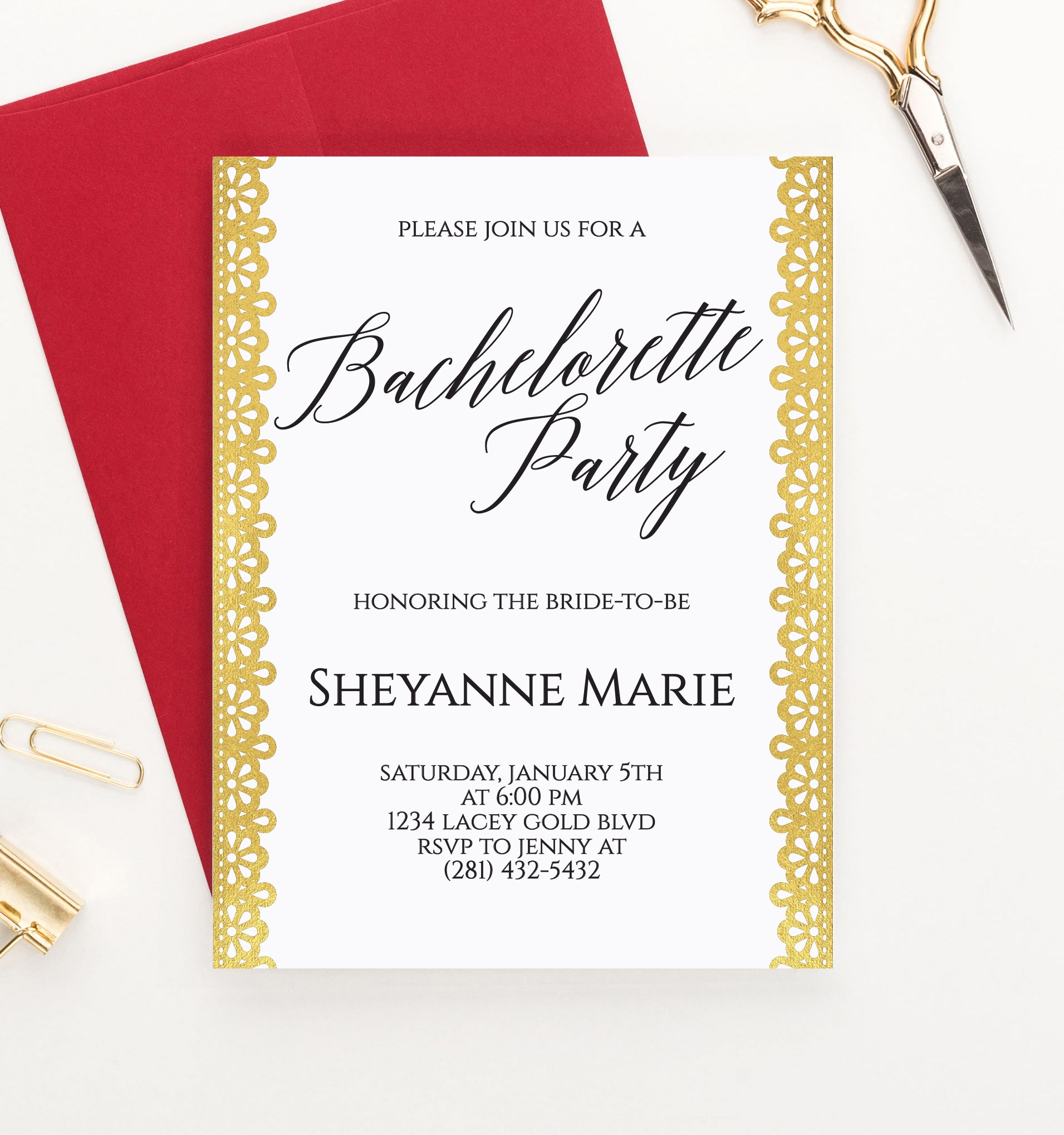 Lace Gold Bachelorette Party Invitations Personalized