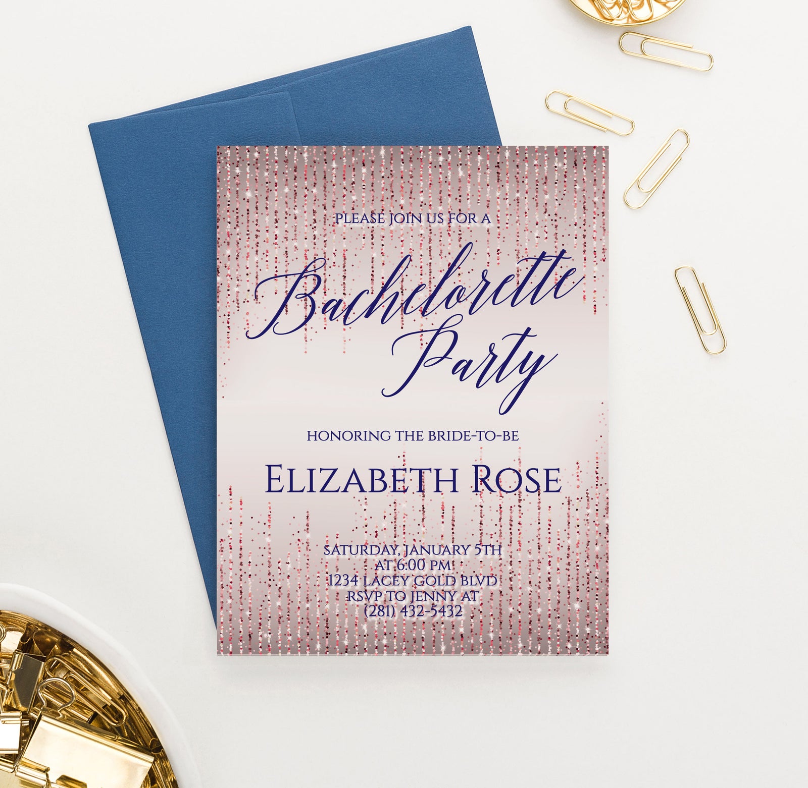Elegant Personalized Rose Gold Glitter Bachelorette Party Invitations