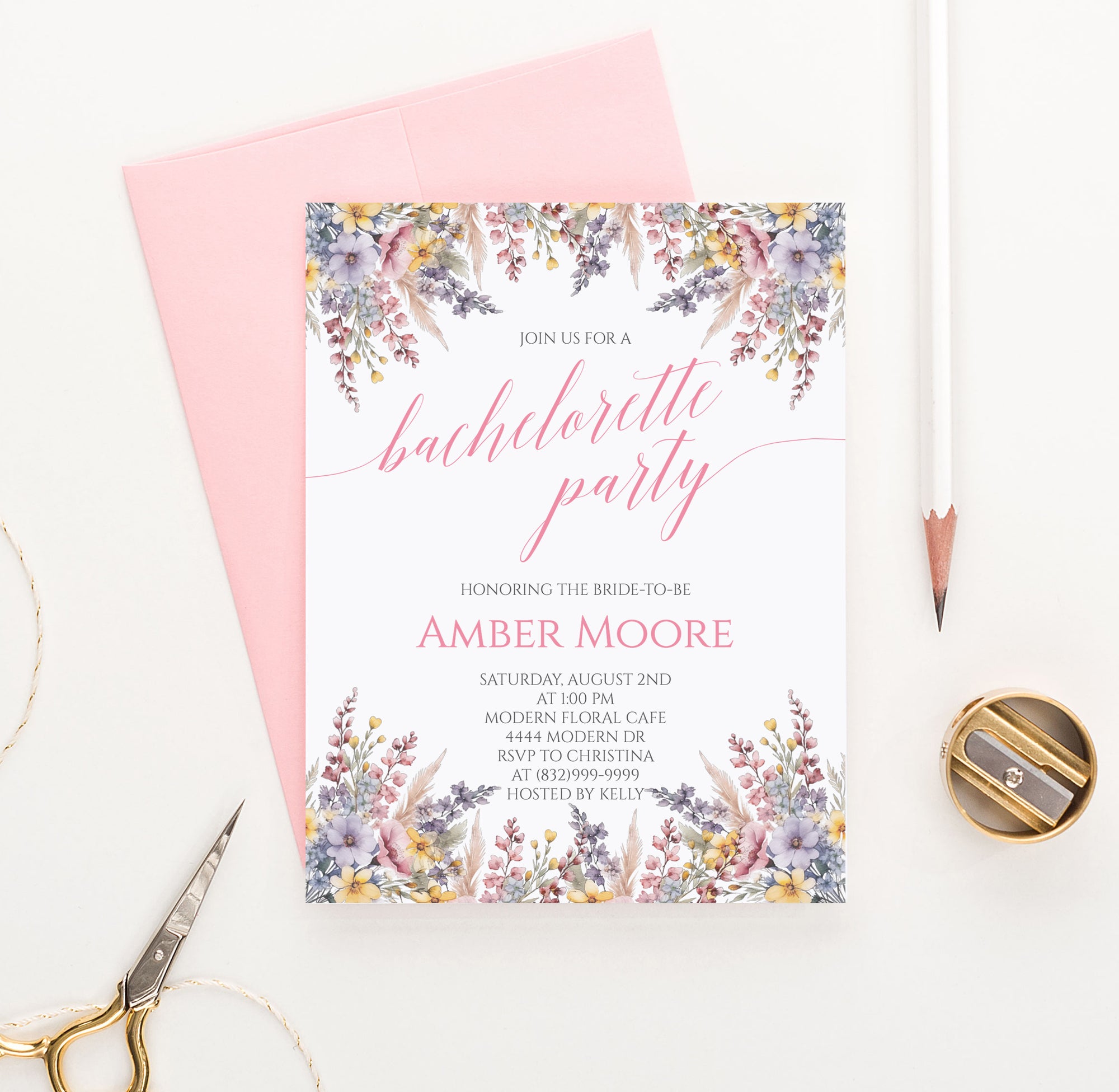 Modern Bachelorette Shower Invitations With Florals