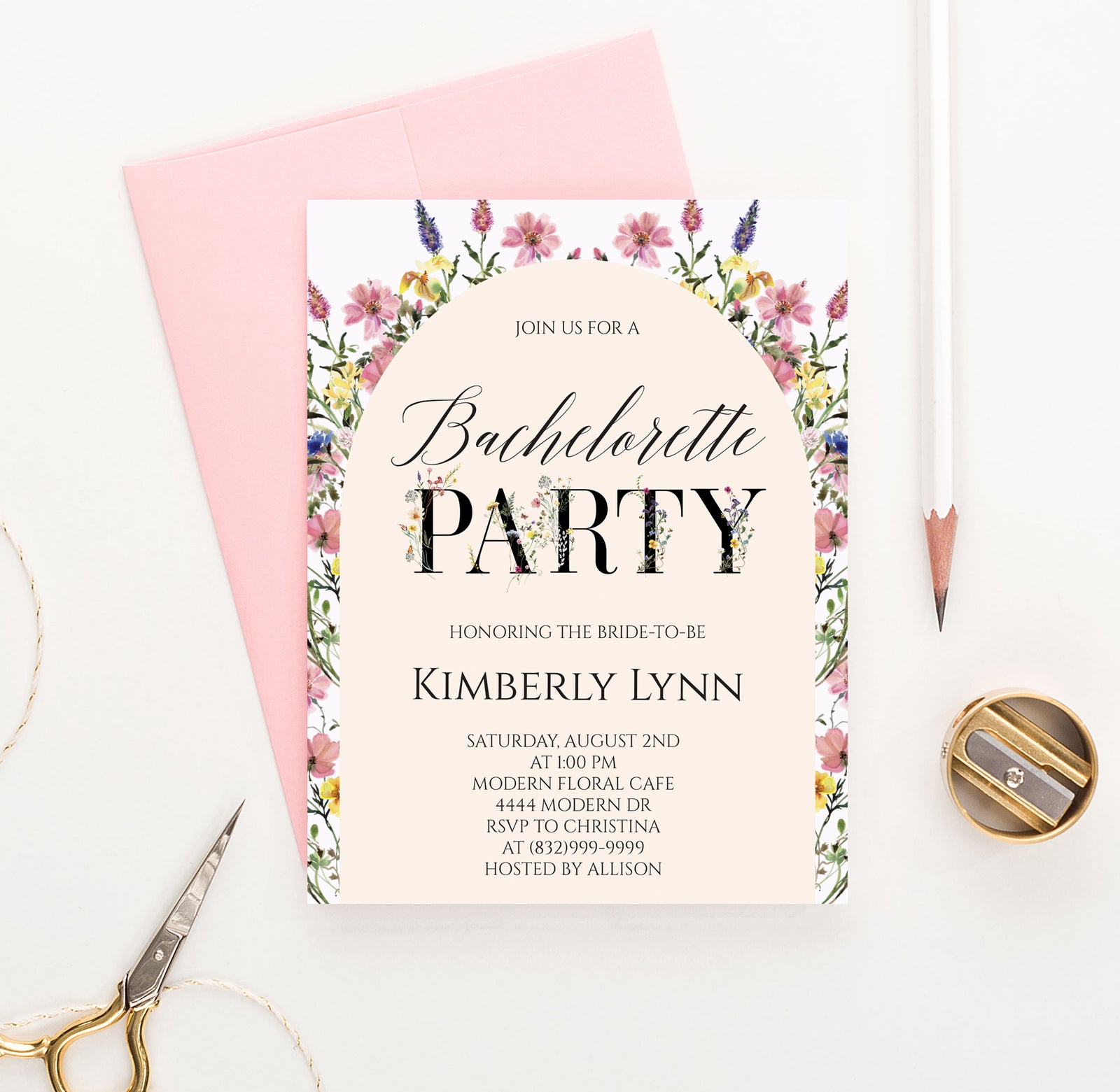 Modern Bachelorette Shower Invitations With Wildflower Arch