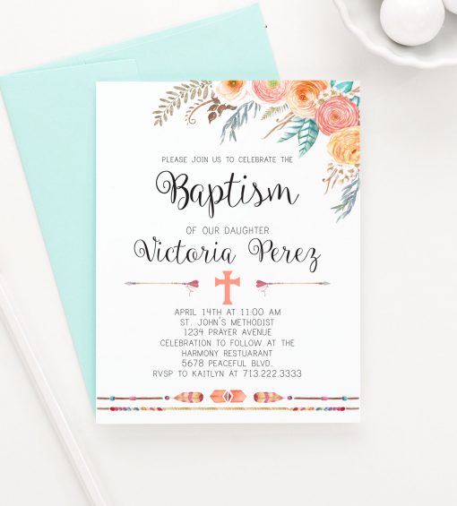 Personalized Orange Floral Boho Baptism Invites With Arrows