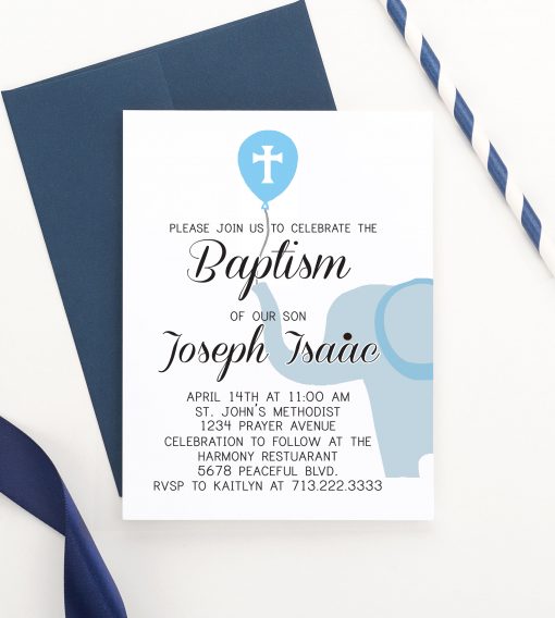 Personalized Elephant Baptism Invitations Blue