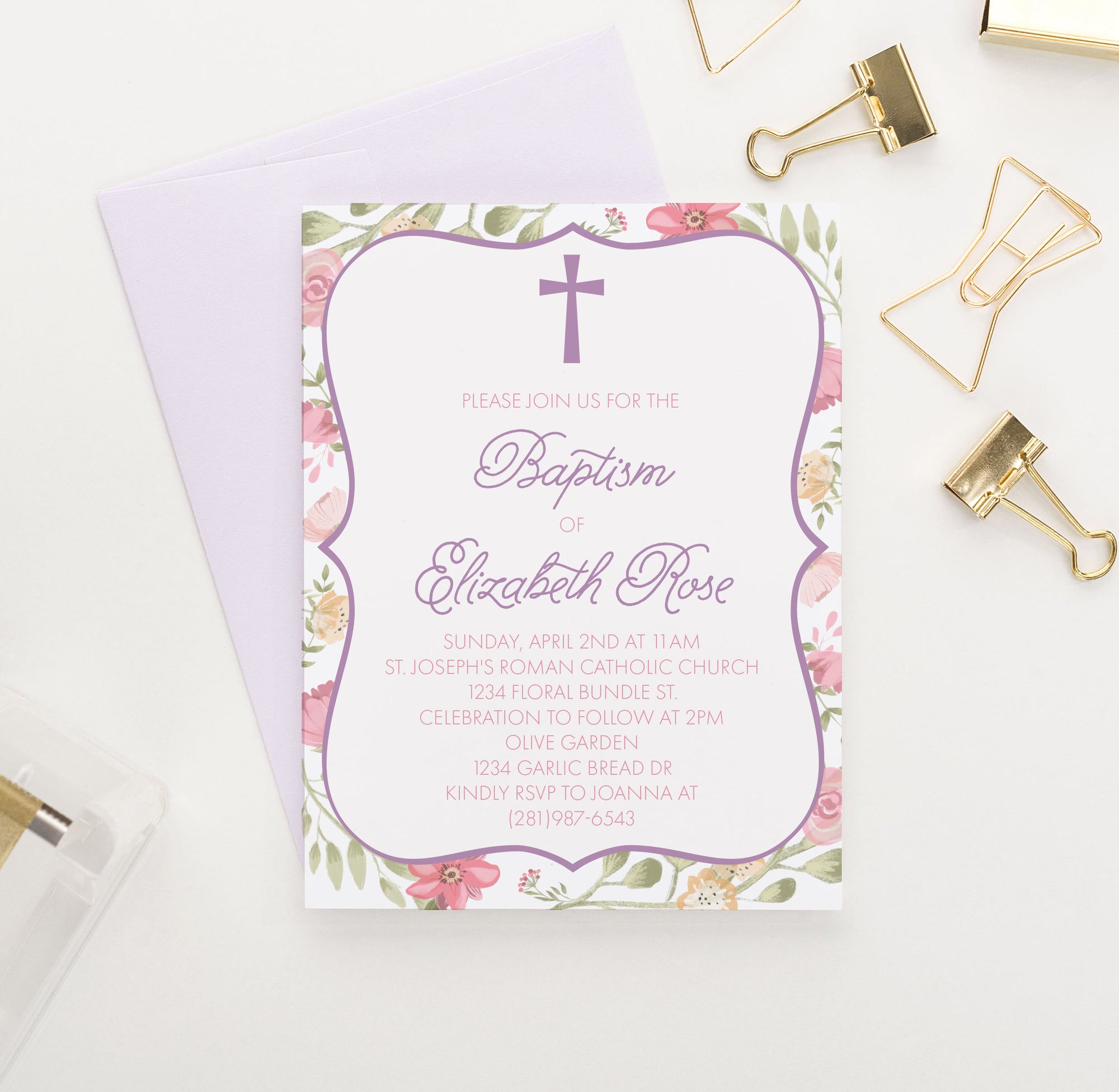 Pink Floral Baptism Invitations Personalized