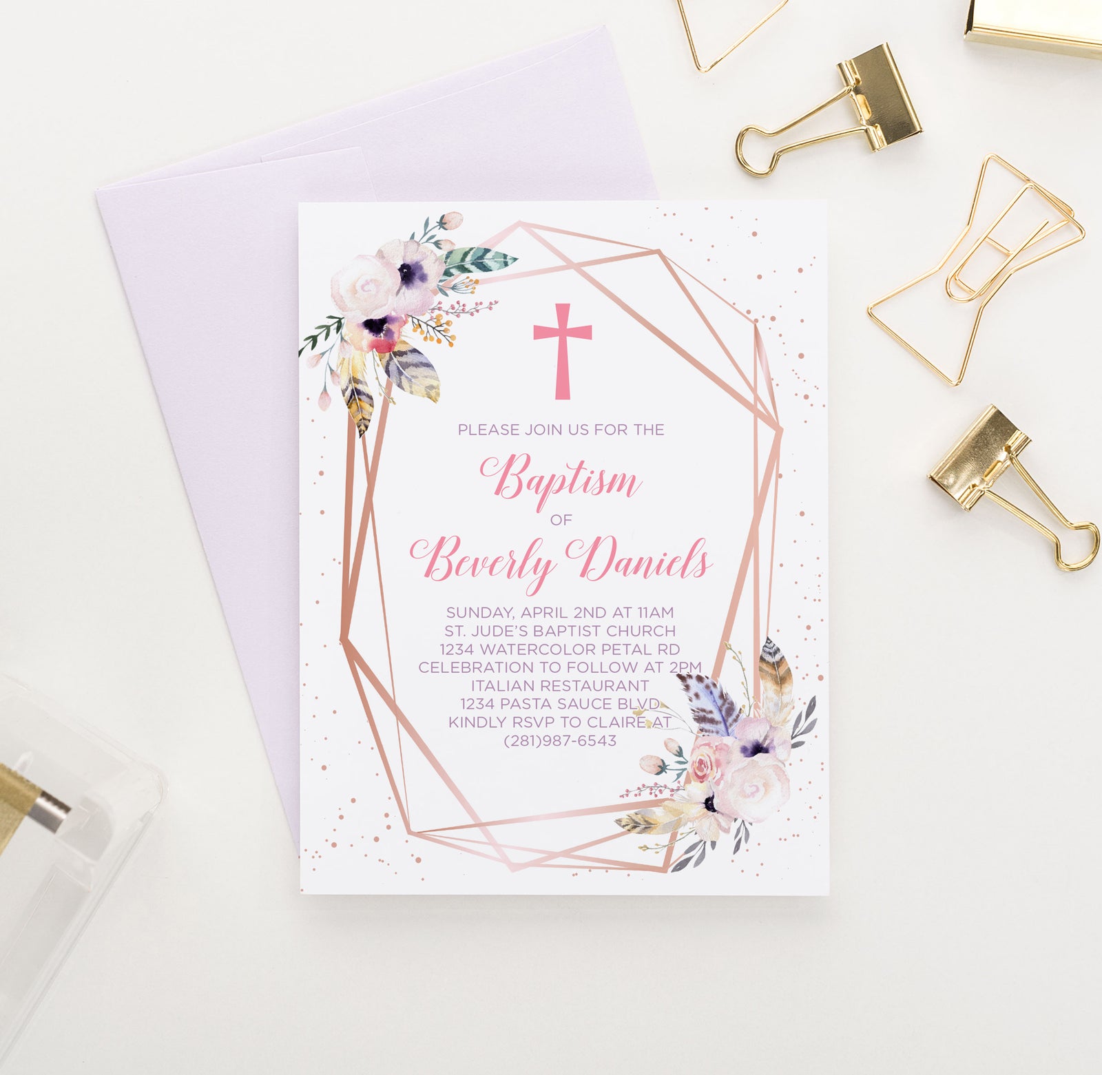 Personalized Boho Rose Gold Baptism Invitations With Feathers
