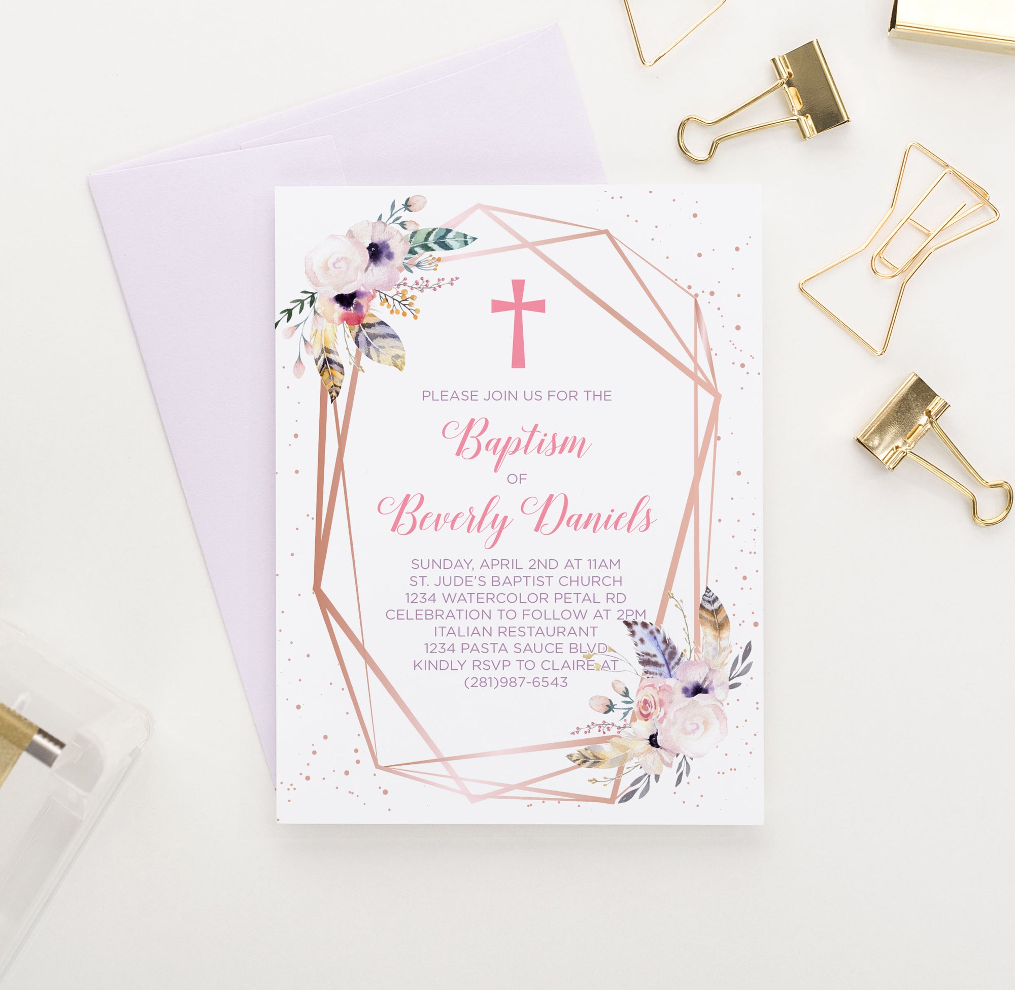 Personalized Boho Rose Gold Baptism Invitations With Feathers