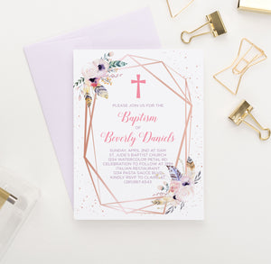 Personalized Boho Rose Gold Baptism Invitations With Feathers