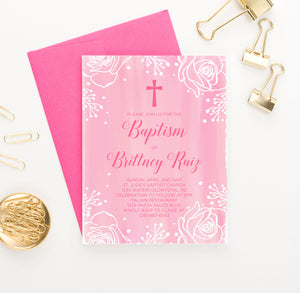 Pink Watercolor Baptism Invites With Floral Frame Personalized