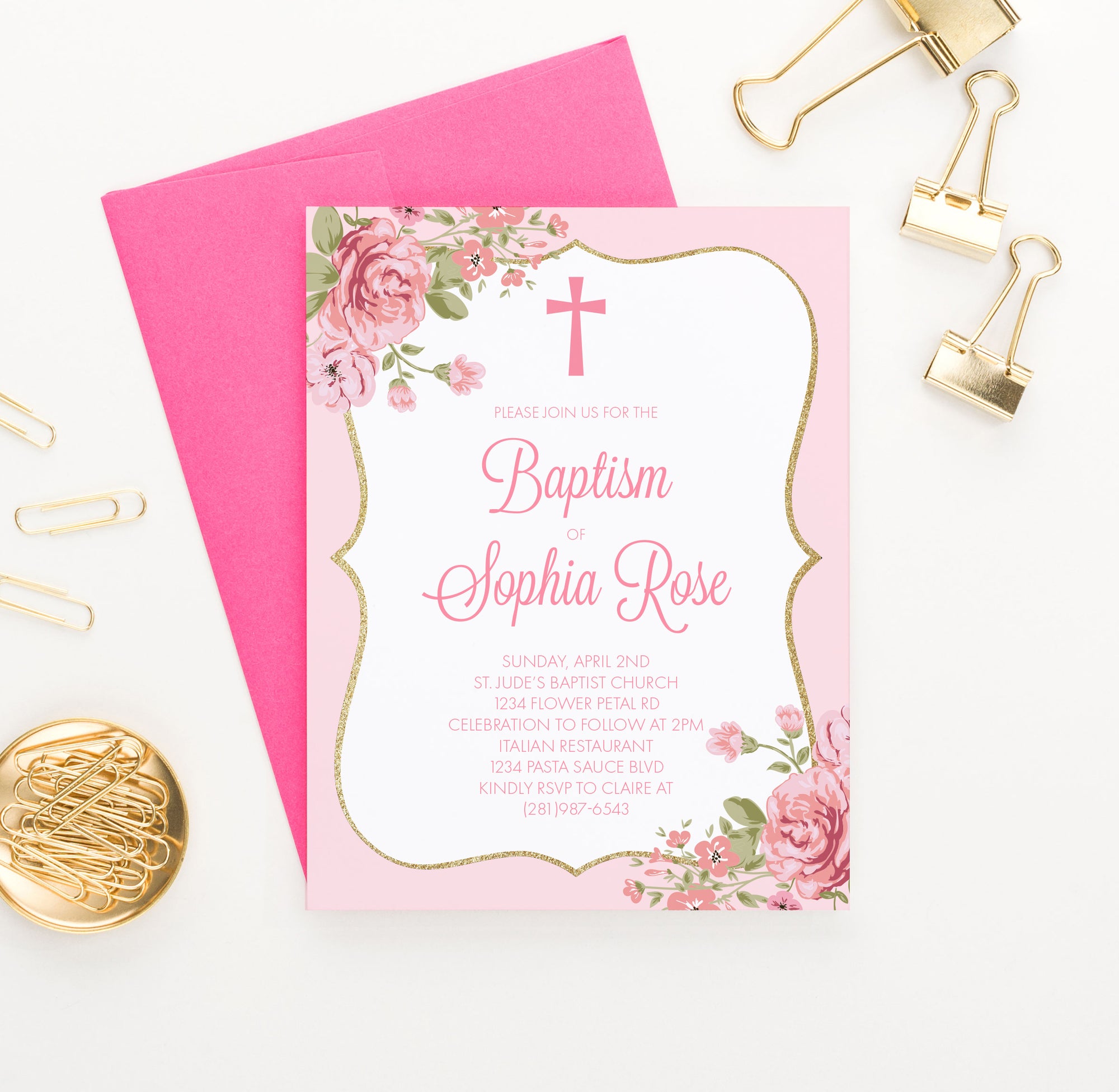 Personalized Pink Floral Baptism Invitations With Gold Frame