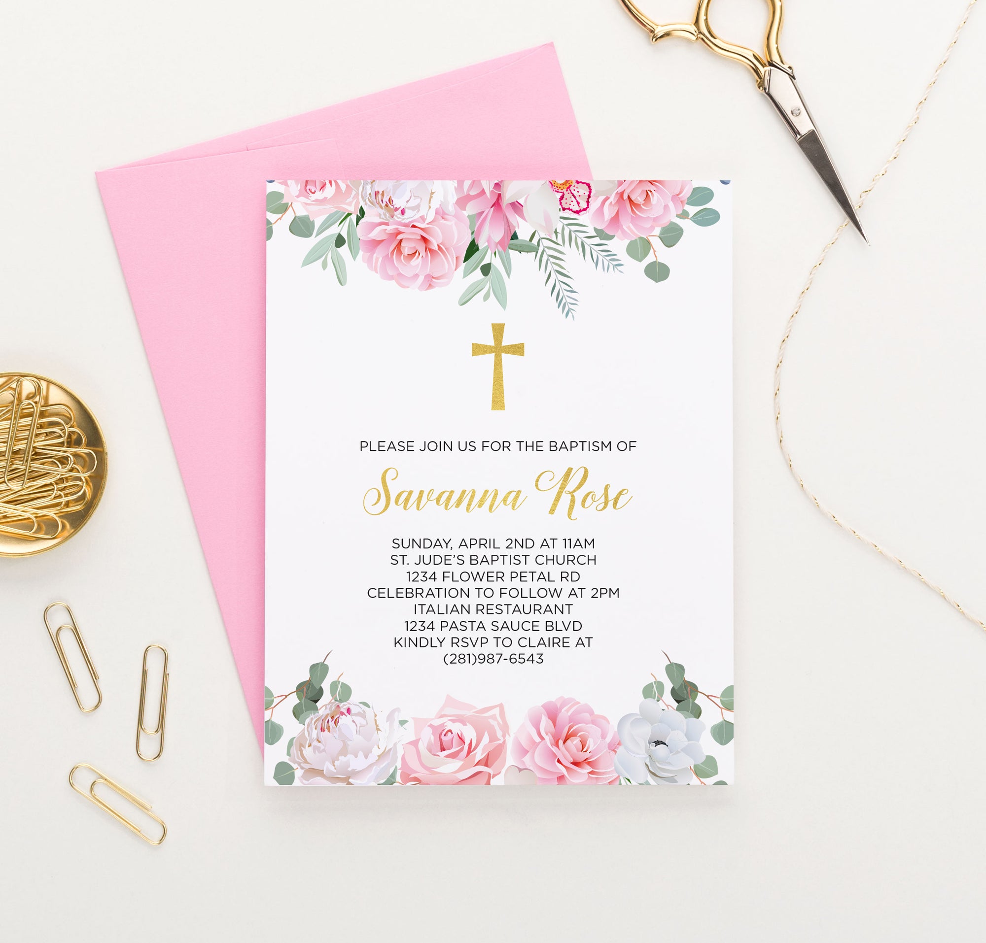 Classic Gold Baptism Invitations With Pink Florals Personalized  
