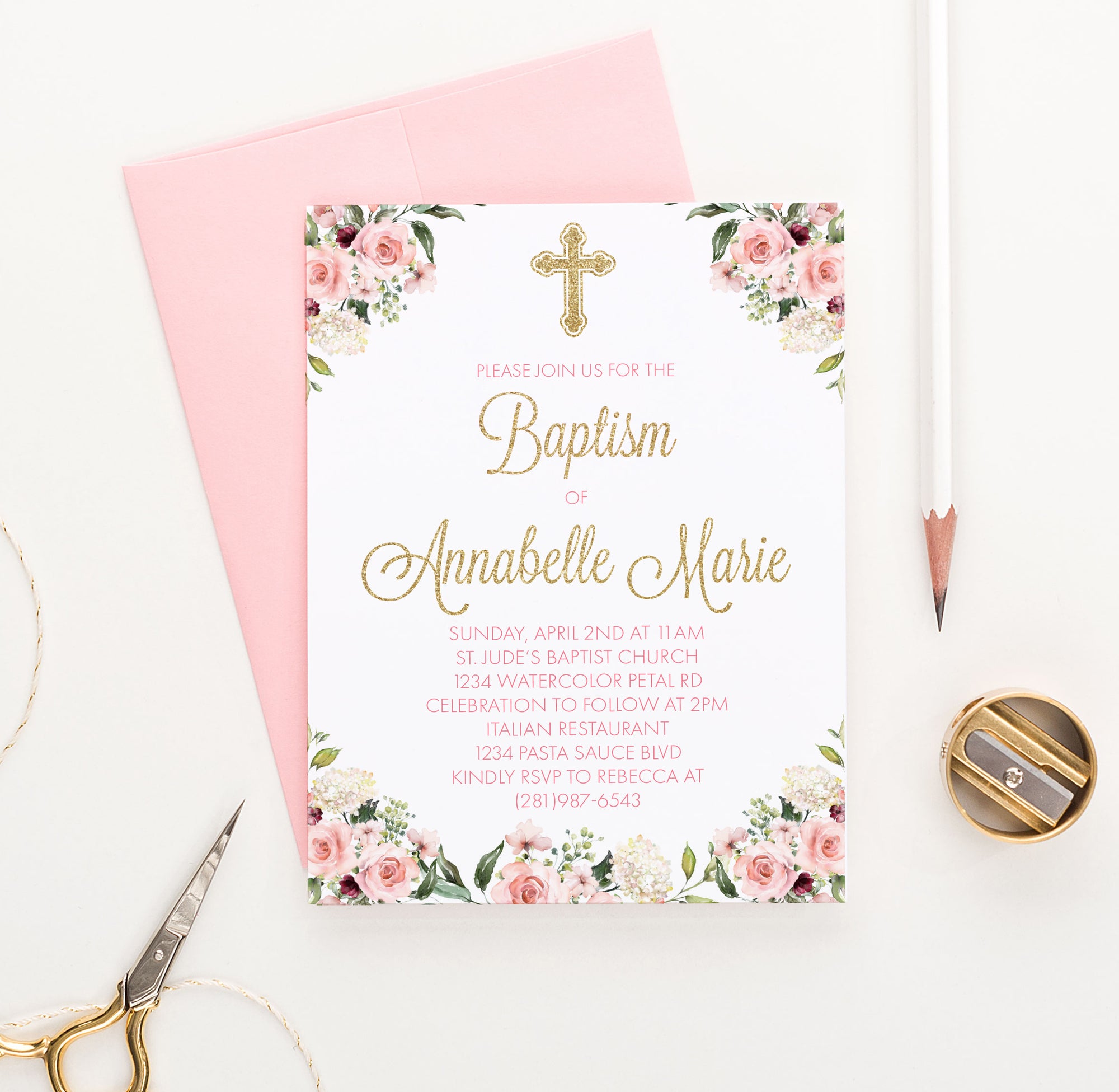 Classic Glitter Gold Baptism Invites With Florals Personalized