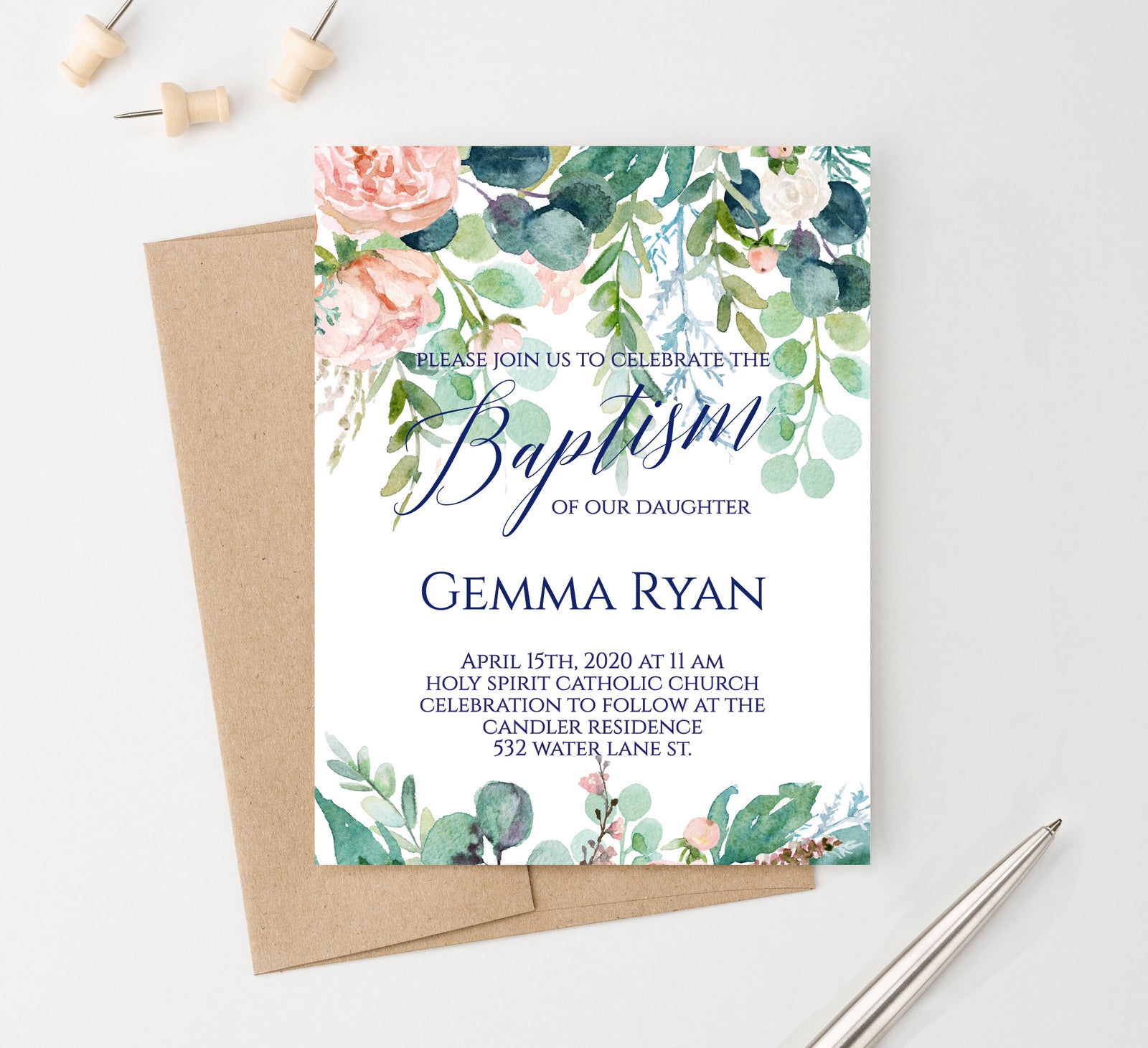 Elegant Floral Greenery Baptism Invitations Personalized