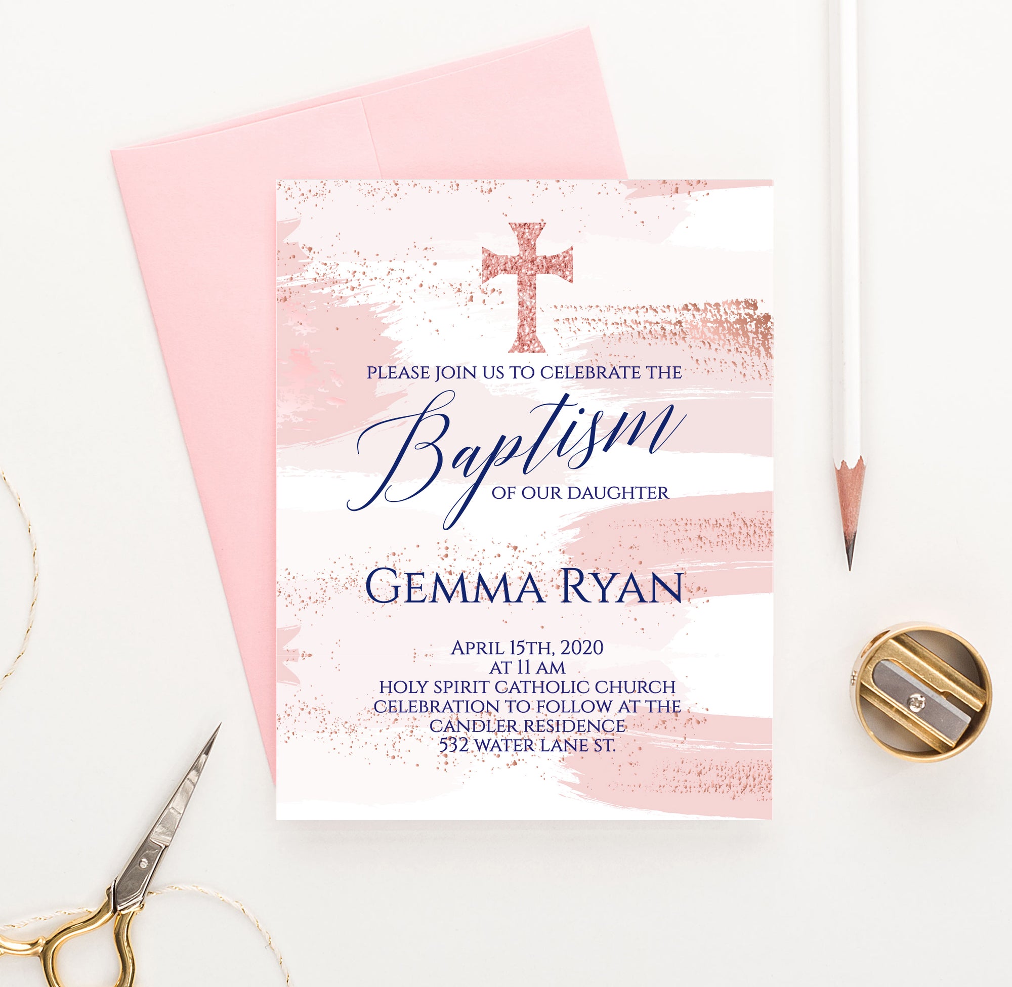 Watercolor Pink And Rose Gold Baptism Invites Personalized