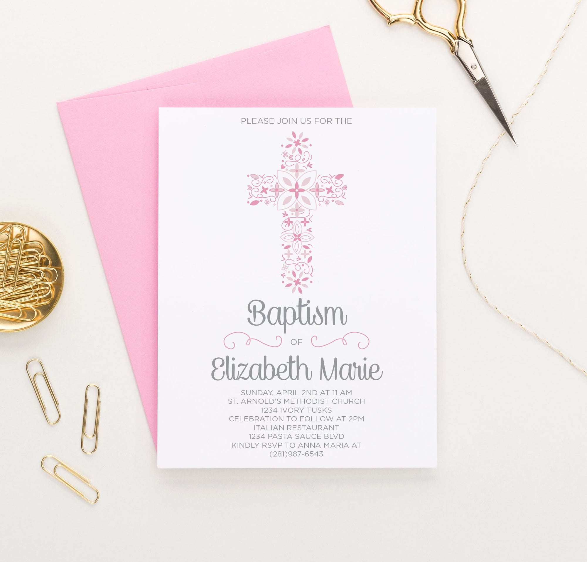 Personalized Pink Baptism Invitations With Cross