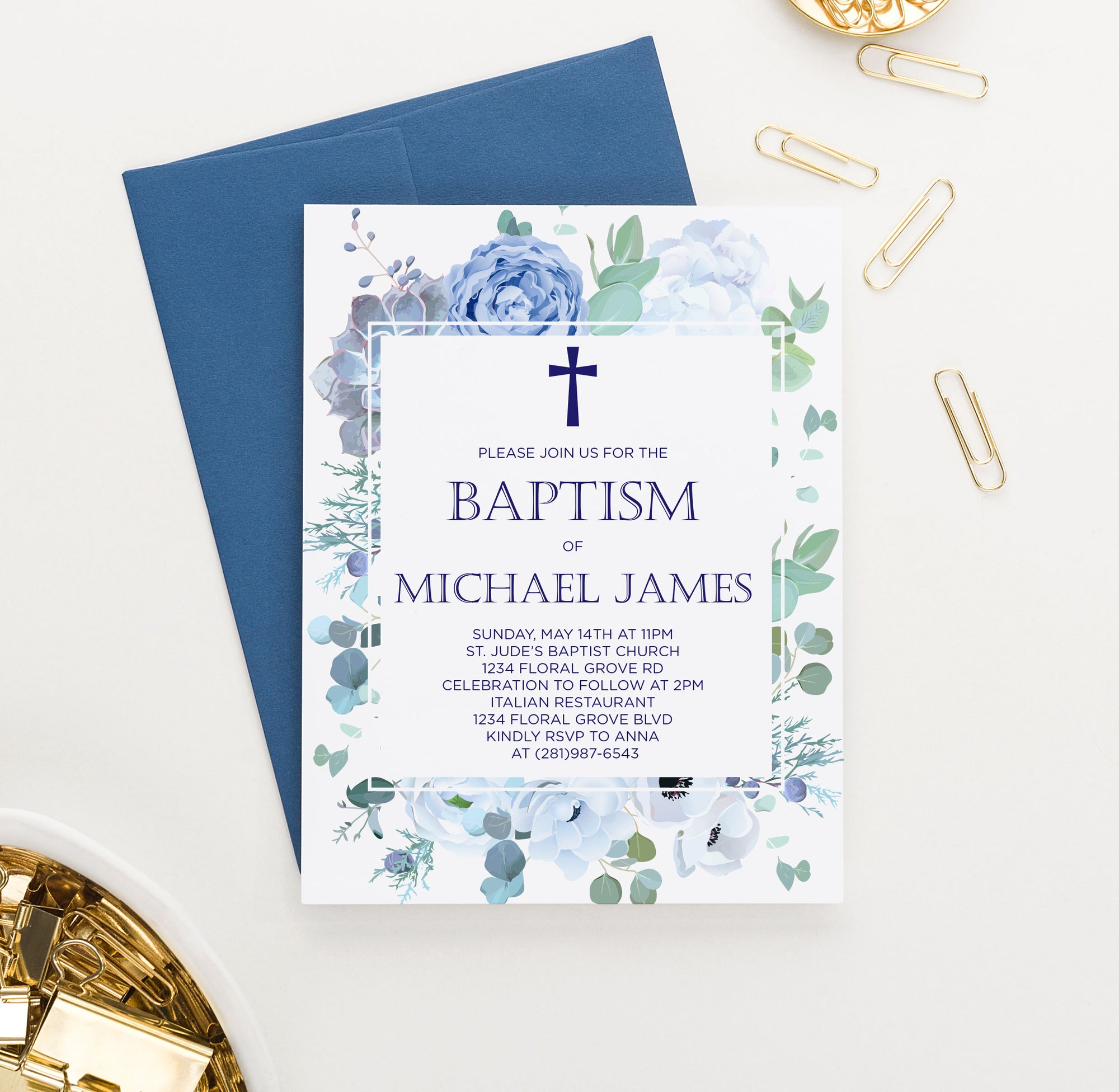 Elegant Blue Floral Baptism Invites With Frame Personalized