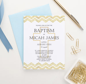 Gold Chevron Baptism Invites With Cross Personalized 