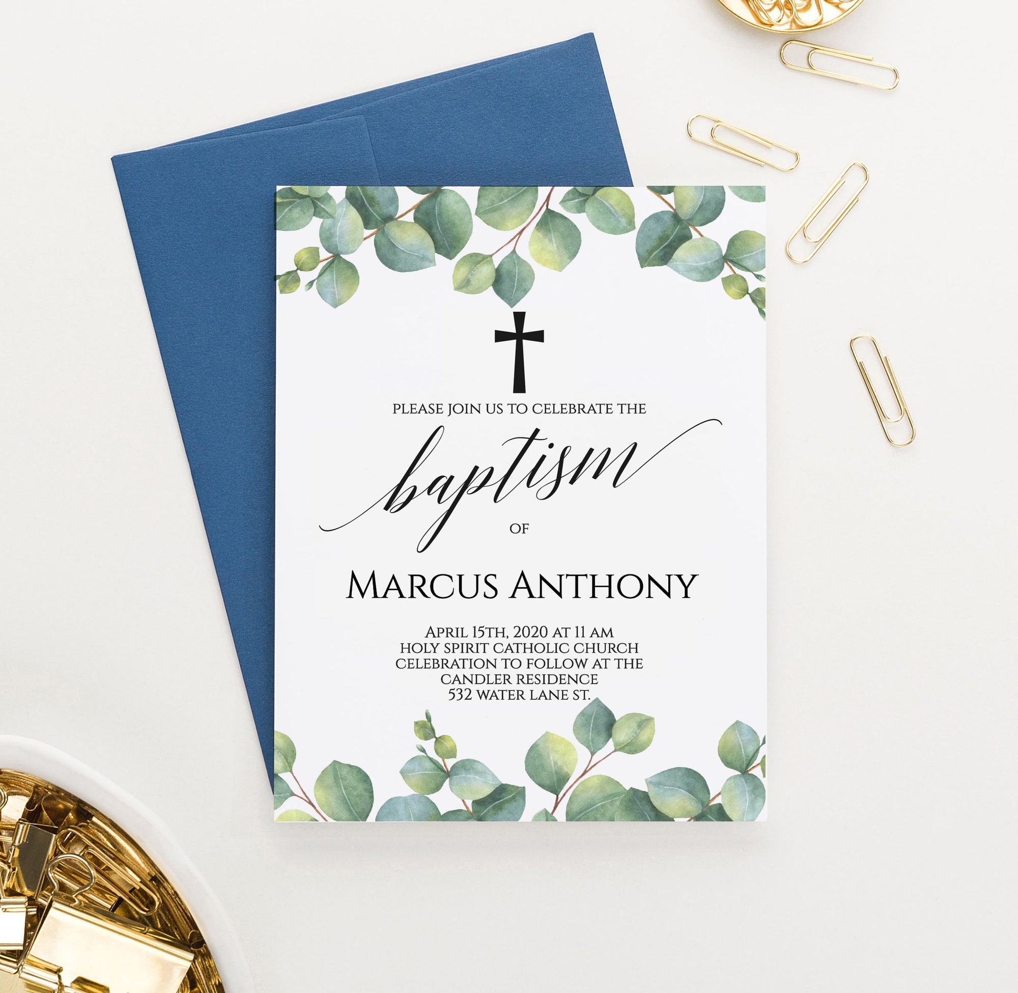 Personalized Baptism Invitations With Greenery