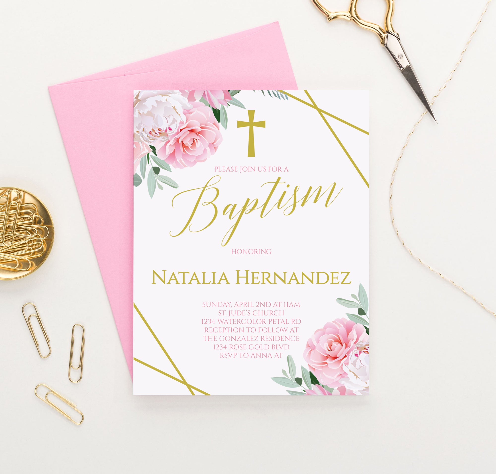 Personalized Pink And Gold Baptism Invites With Floral Corners