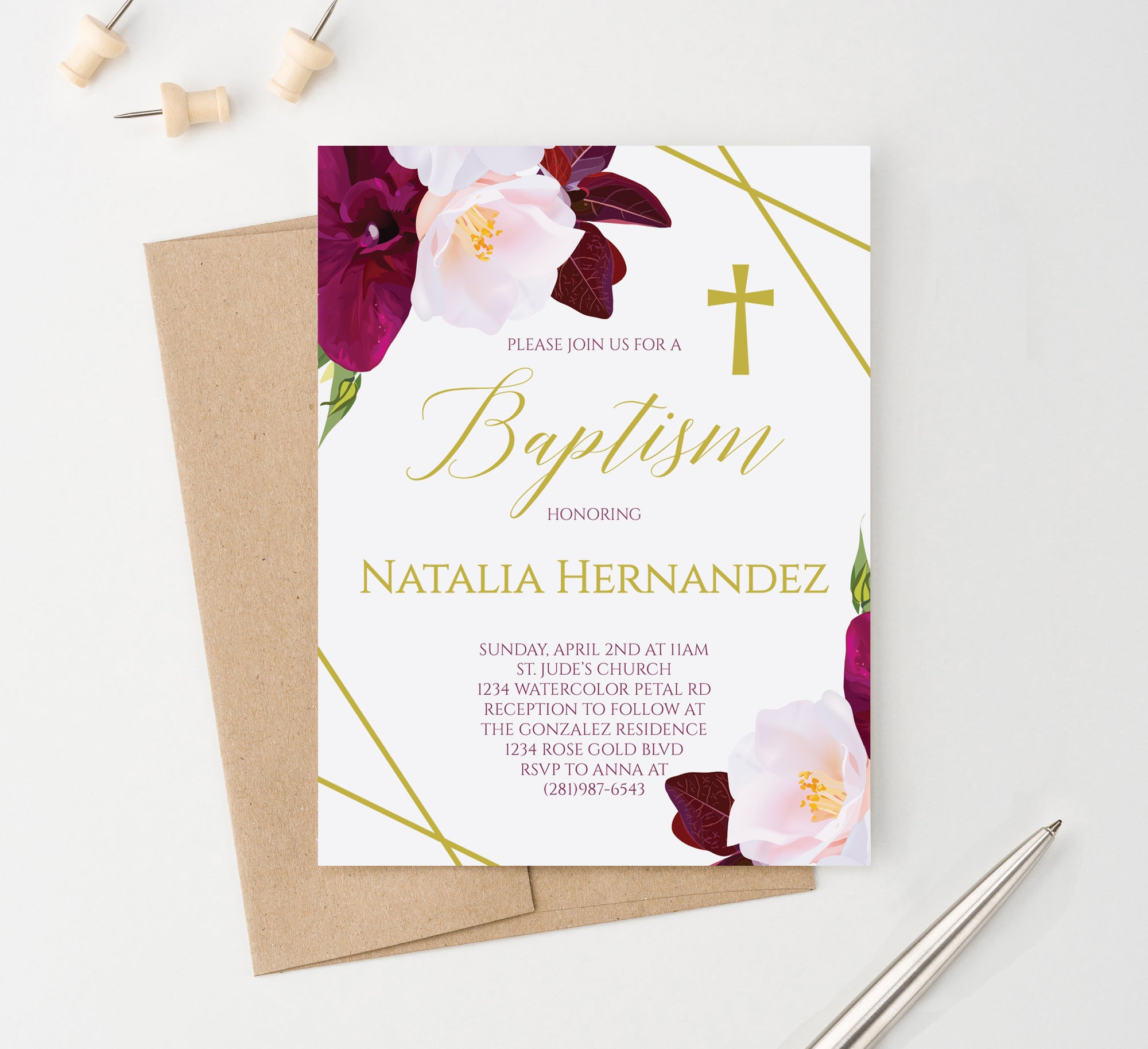Personalized Burgundy And Gold Baptism Invites With Florals