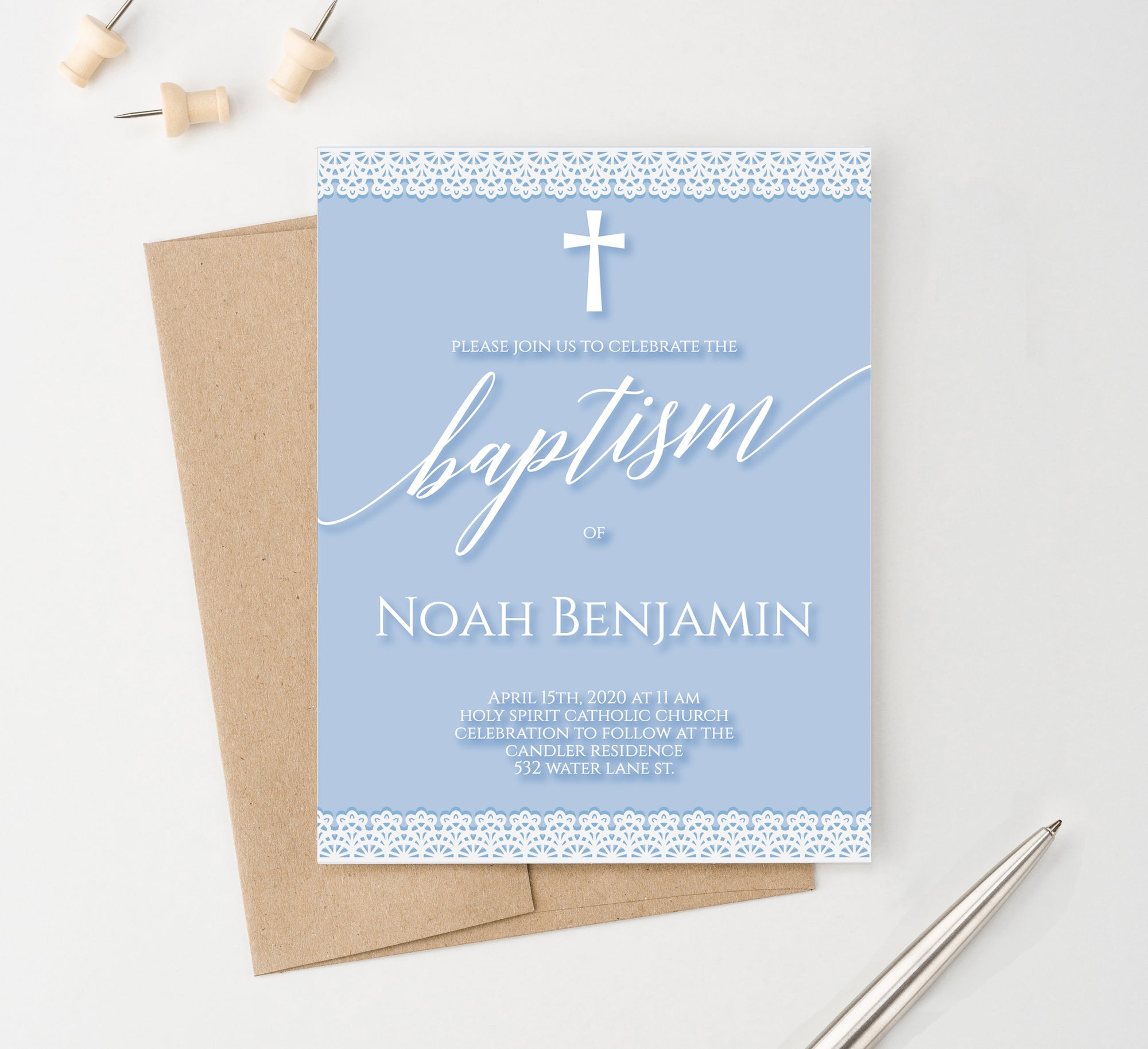 Personalized Boy Baptism Invitations Blue With White Lace