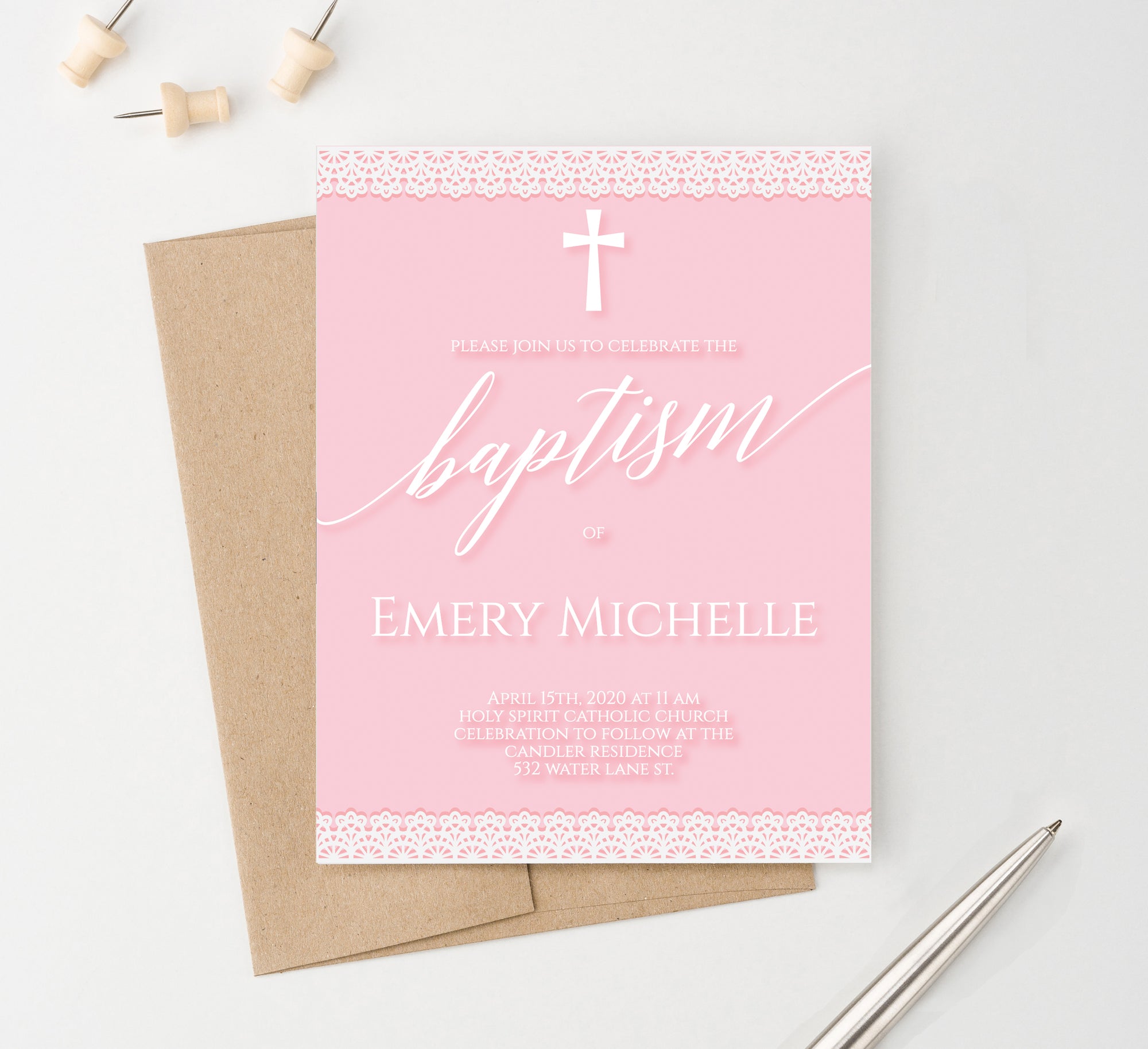 Personalized Girl Baptism Invitations Pink With White Lace