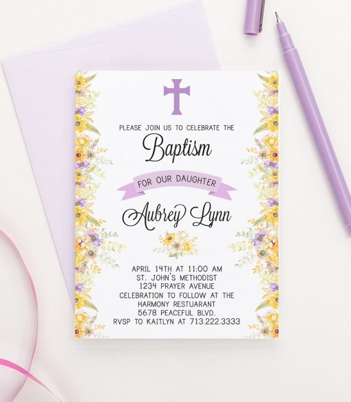 Purple And Yellow Floral Baptism Invites Personalized