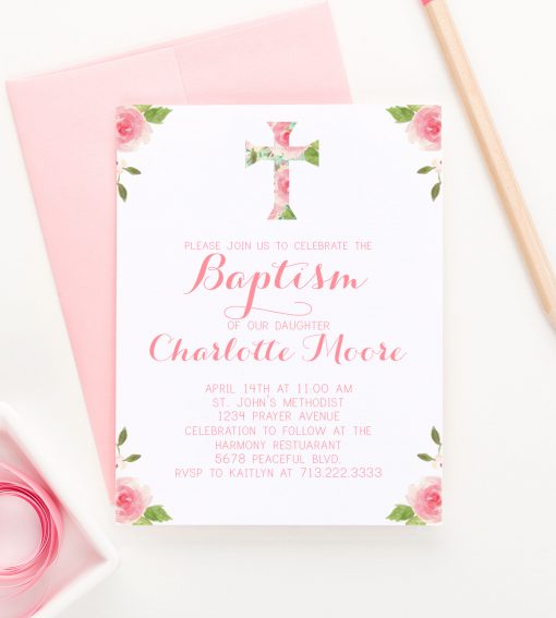 Watercolor Pink And Green Floral Baptism Invites Personalized