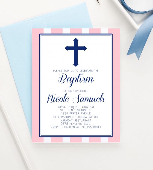 Pink Baptism Invitations With Vertical Stripes Personalized 