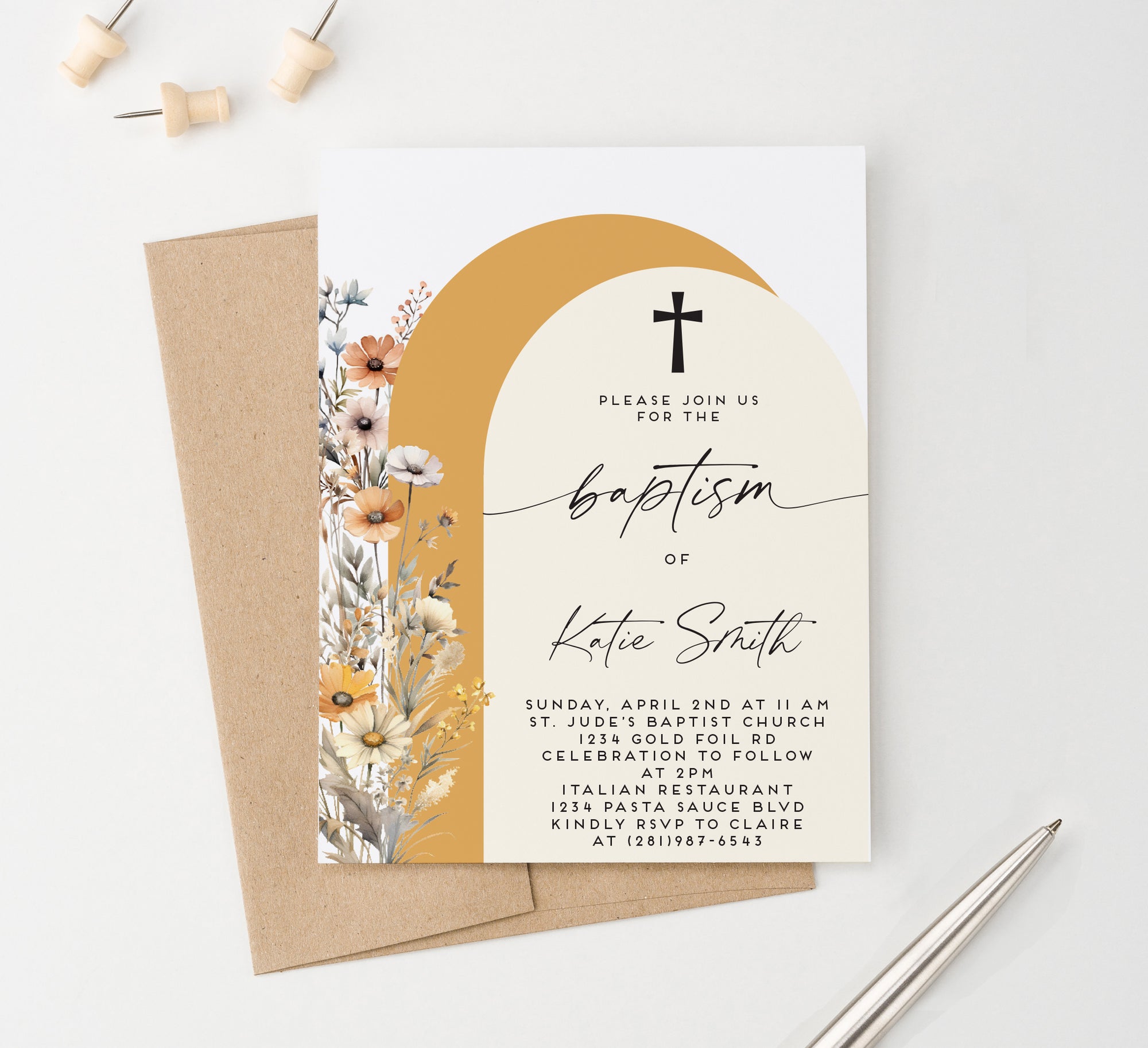 Wildflower Boho Baptism Invitations With Arches