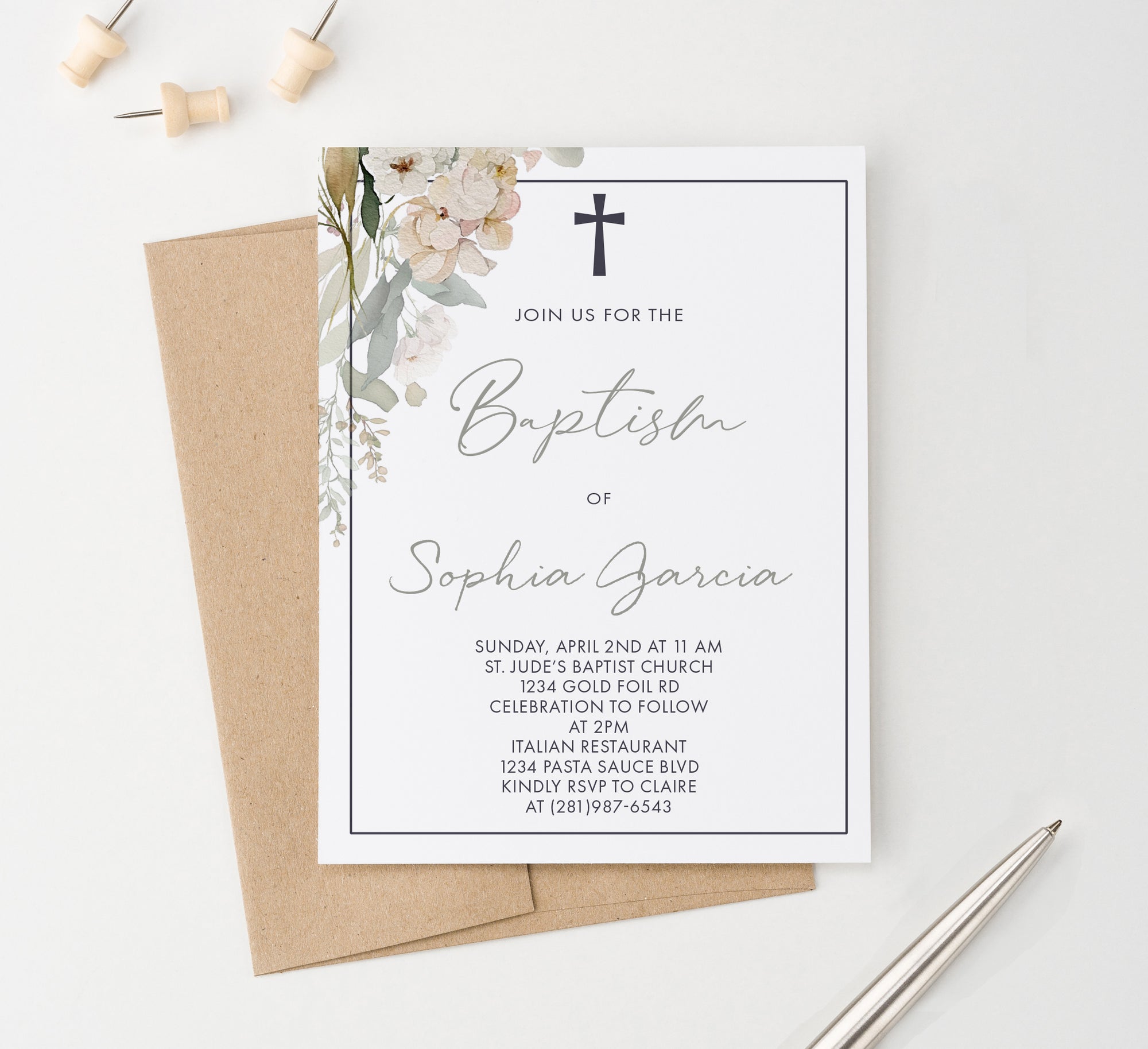 Luxury Baptism Invitations With Watercolor Florals