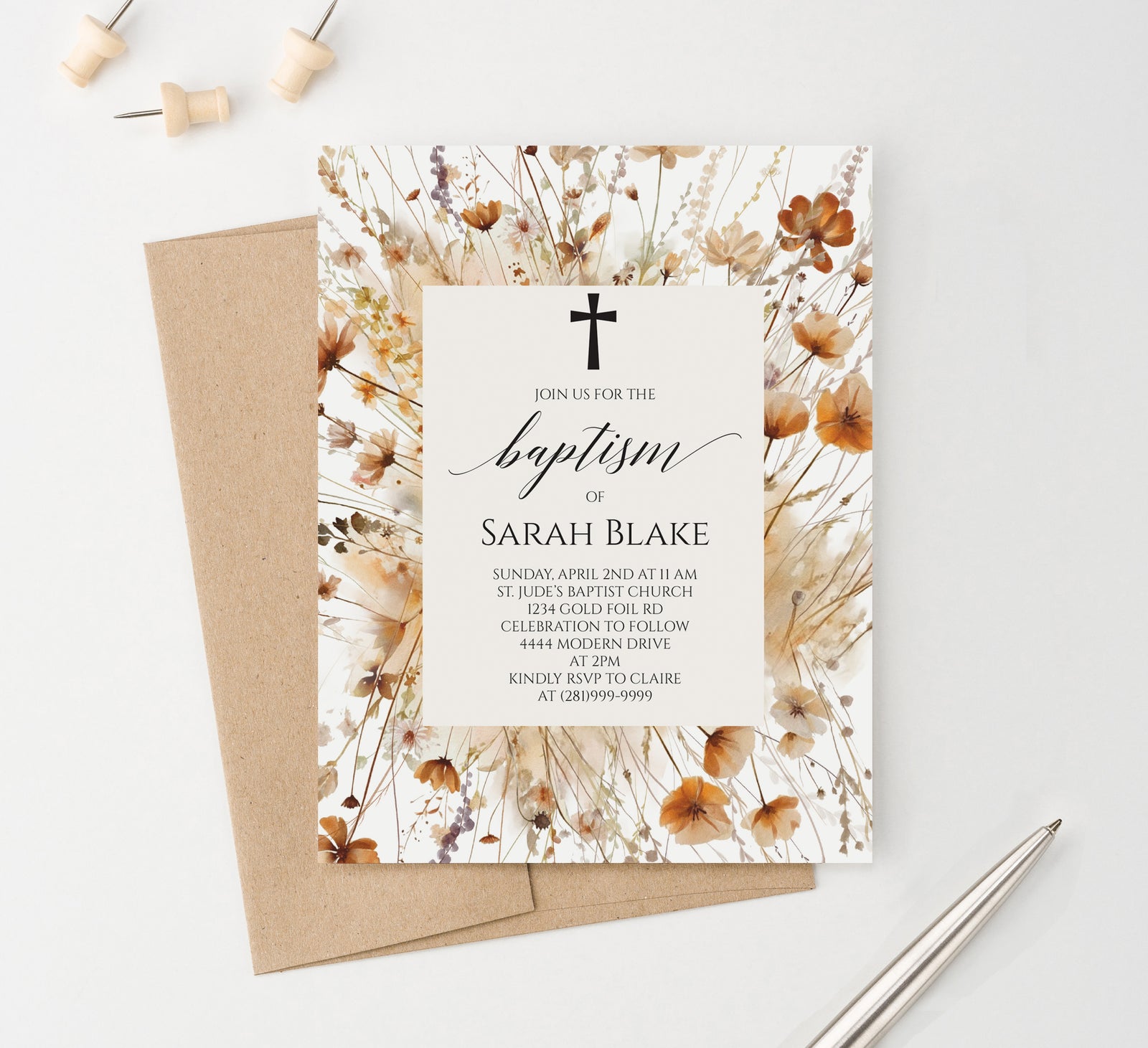 Boho Fall Baptism Invitations With Wildflowers