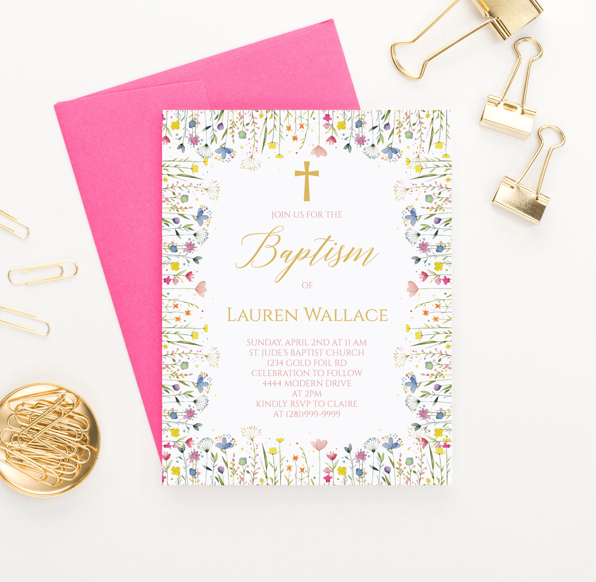 Colorful Watercolor Baptism Invitation Wildflowers