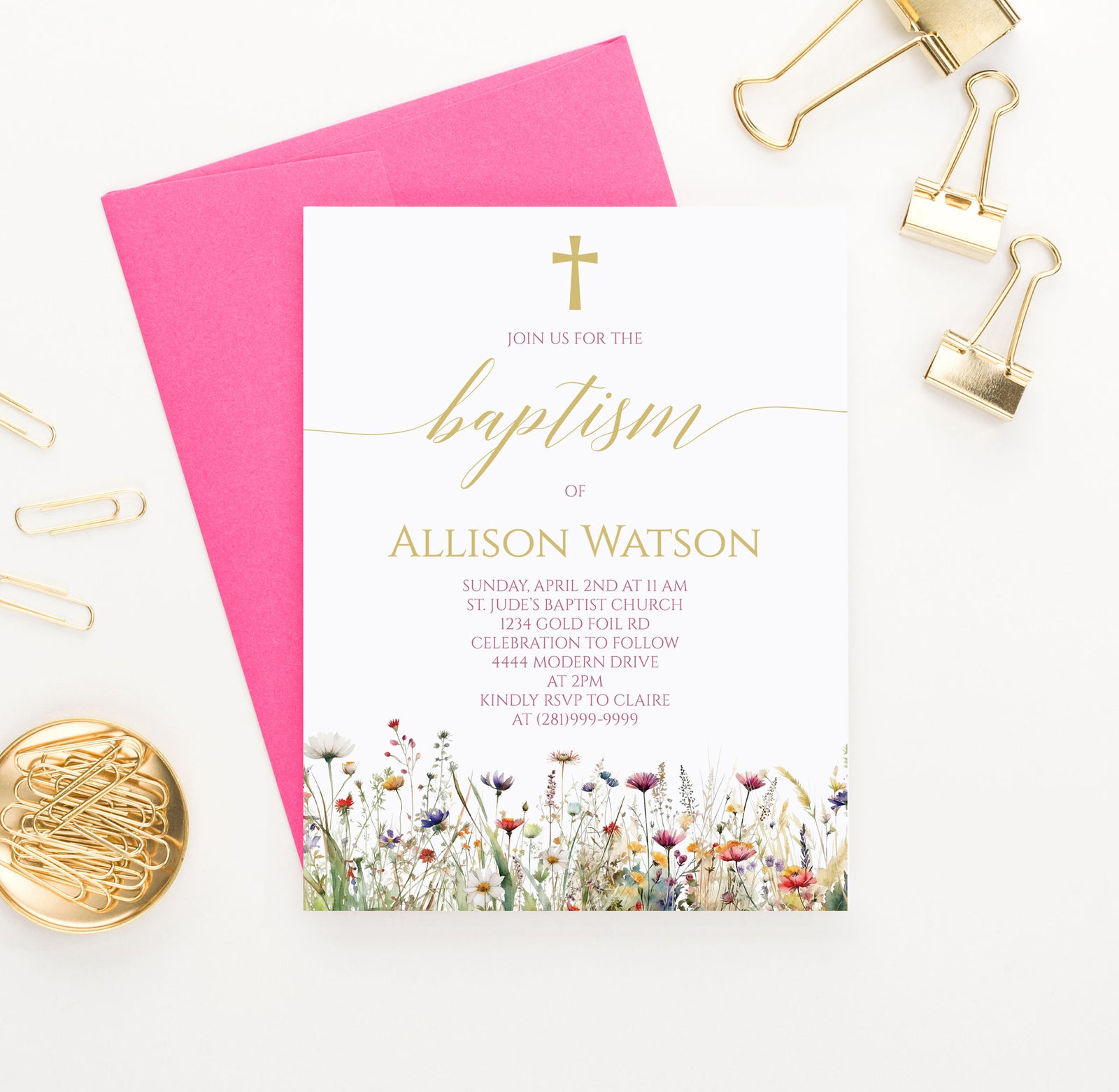 Custom Baptism Invitations With Wildflowers