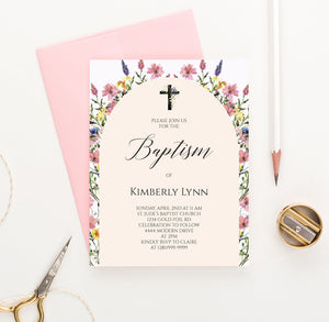 Modern Baptism Invitations With Wildflower Arch