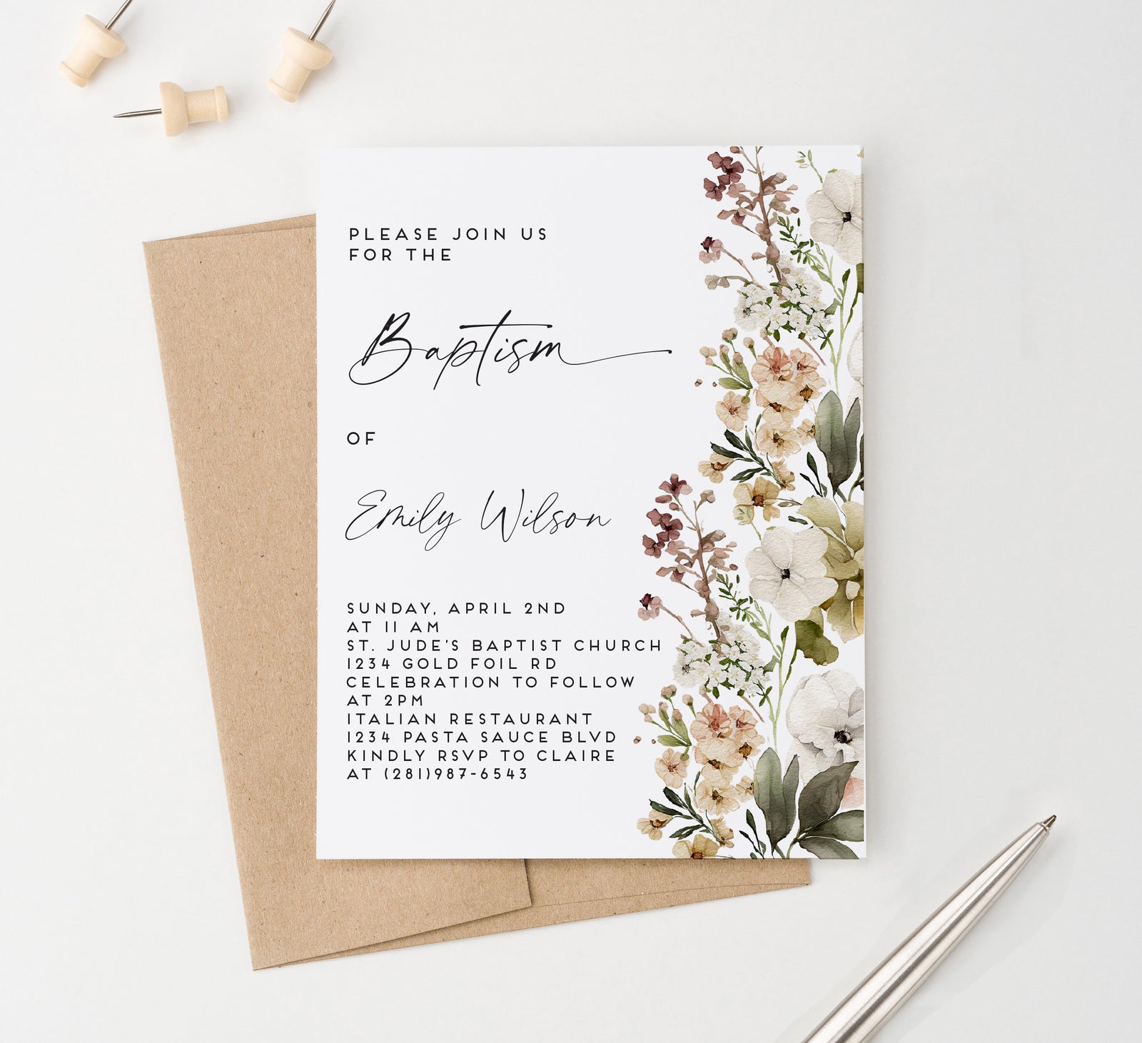 Minimalist Baptism Invitation With Florals